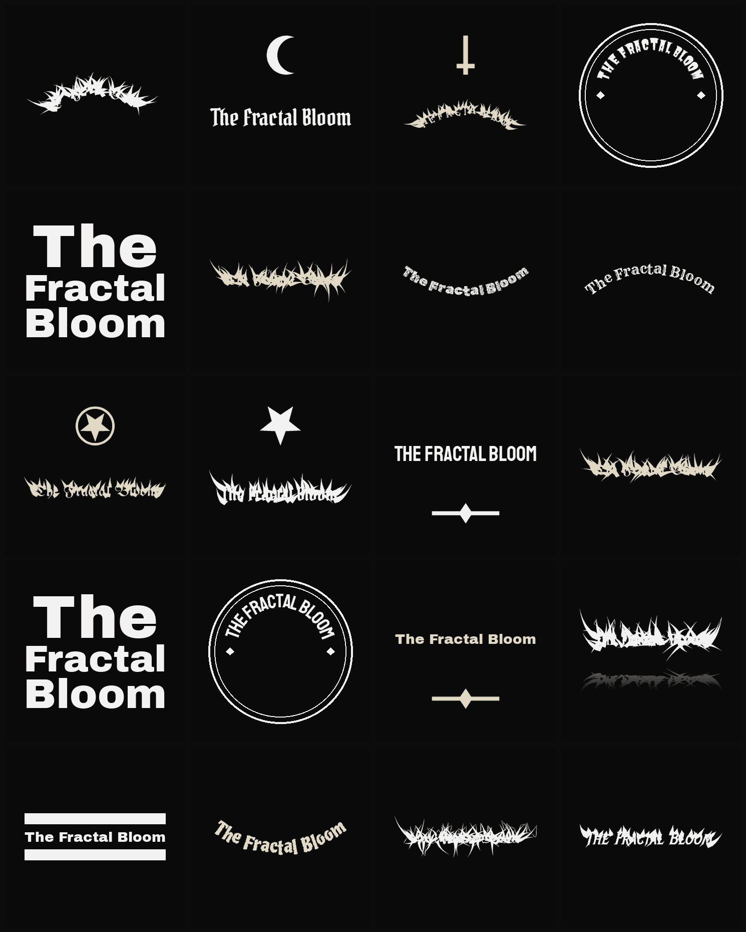 Twenty The Fractal Bloom band logo ideas — different faces, treatments and spike settings