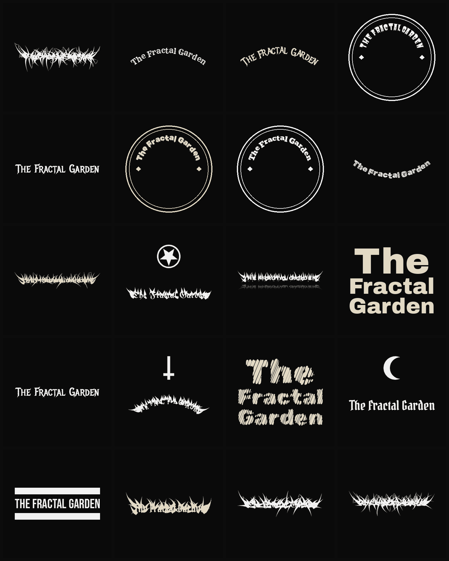 Twenty The Fractal Garden band logo ideas — different faces, treatments and spike settings