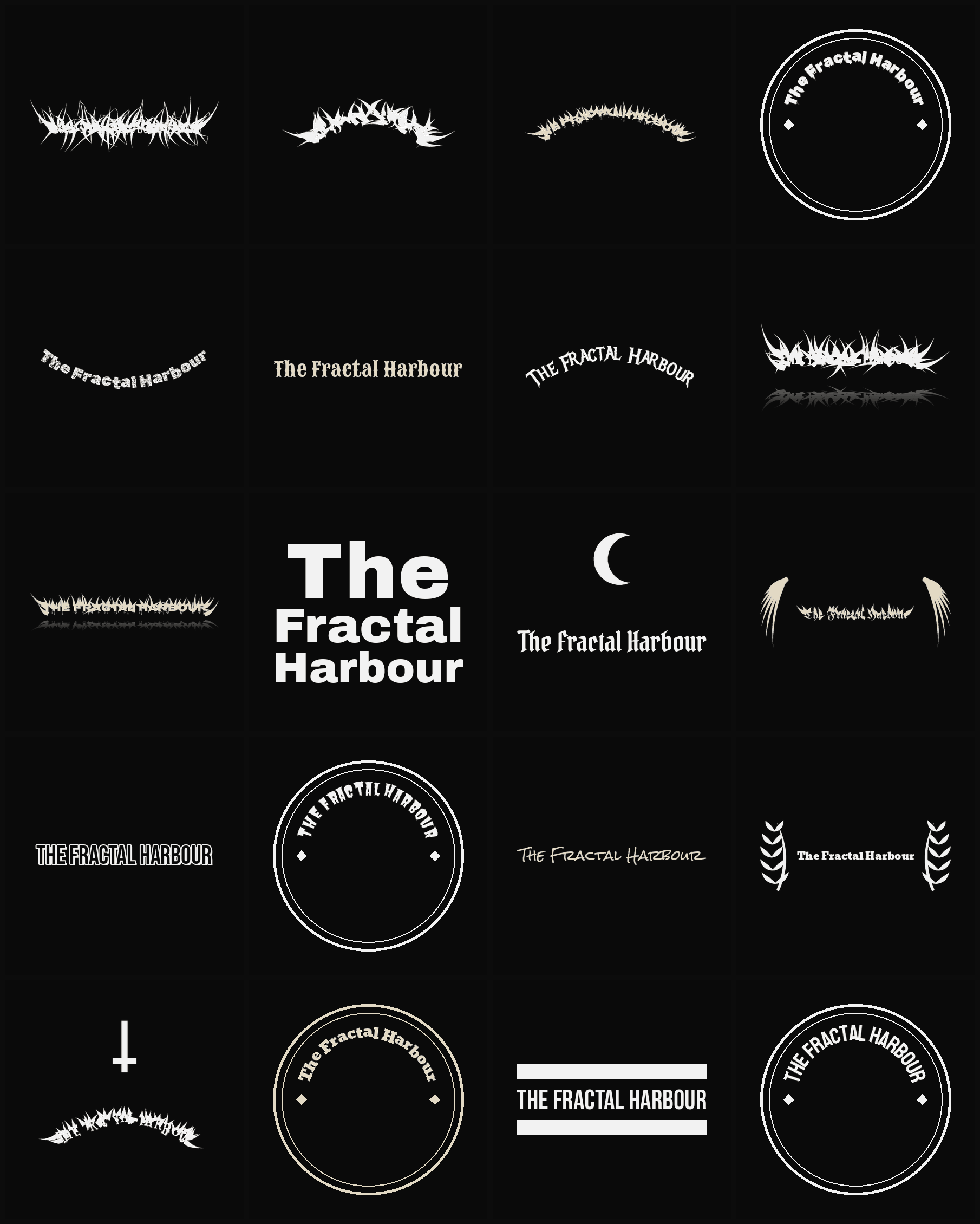 Twenty The Fractal Harbour band logo ideas — different faces, treatments and spike settings