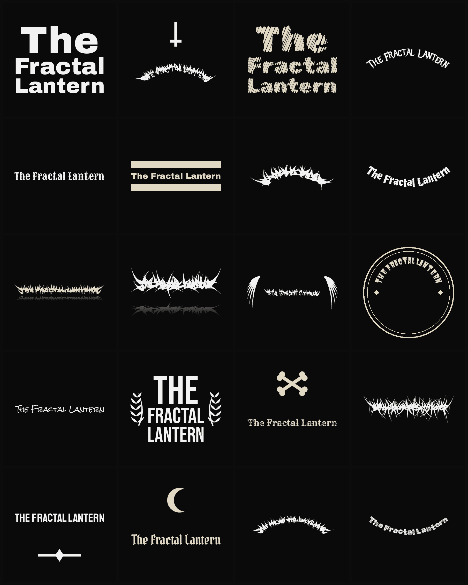 Twenty The Fractal Lantern band logo ideas — different faces, treatments and spike settings