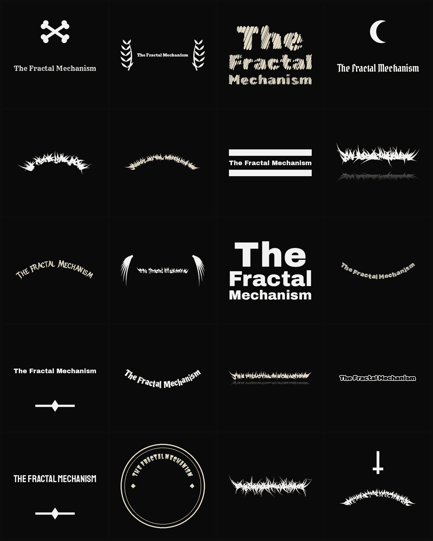 Twenty The Fractal Mechanism band logo ideas — different faces, treatments and spike settings