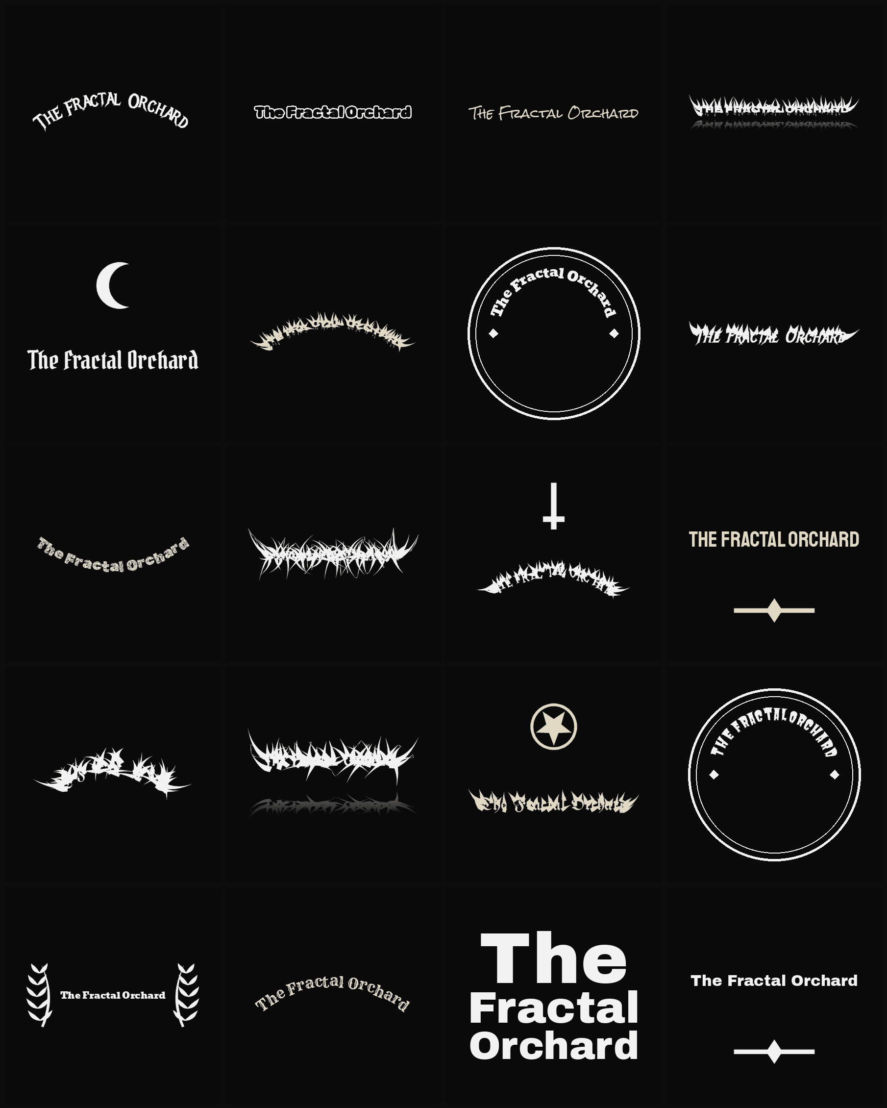 Twenty The Fractal Orchard band logo ideas — different faces, treatments and spike settings
