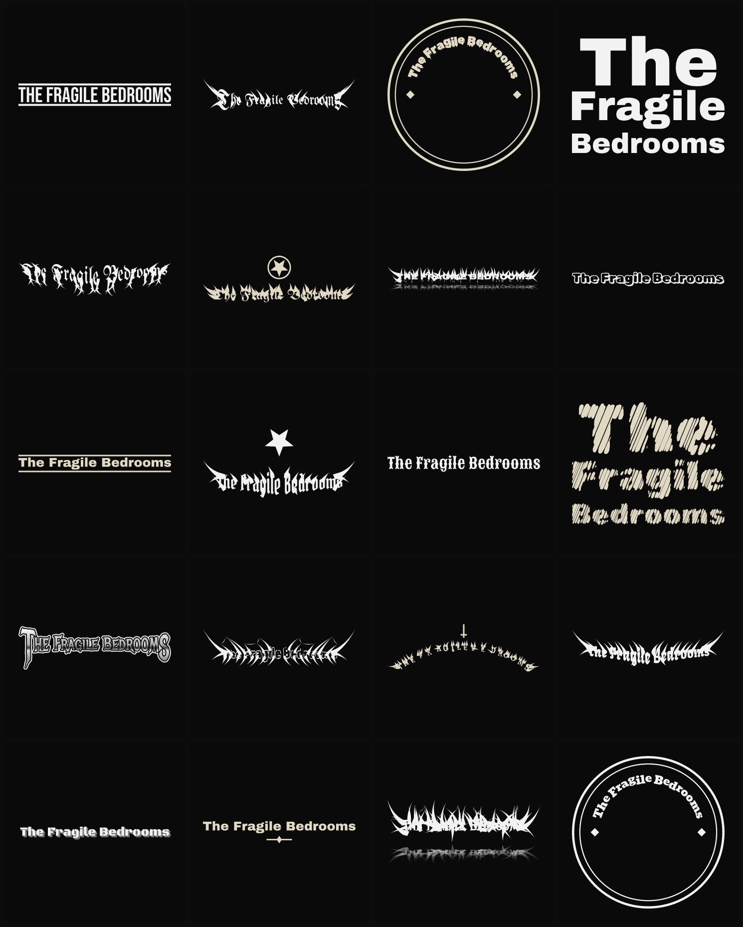 Twenty The Fragile Bedrooms band logo ideas — different faces, treatments and spike settings