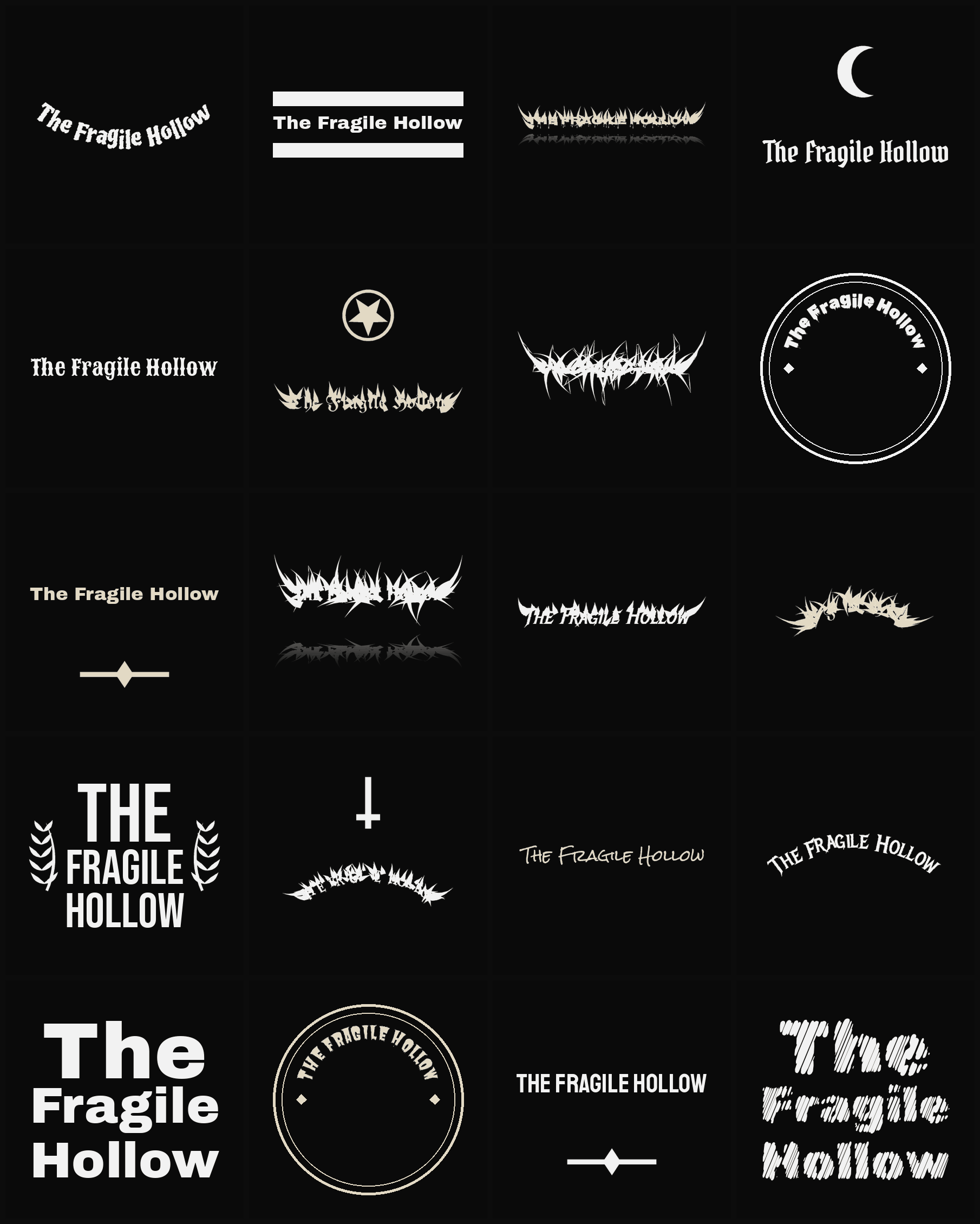 Twenty The Fragile Hollow band logo ideas — different faces, treatments and spike settings