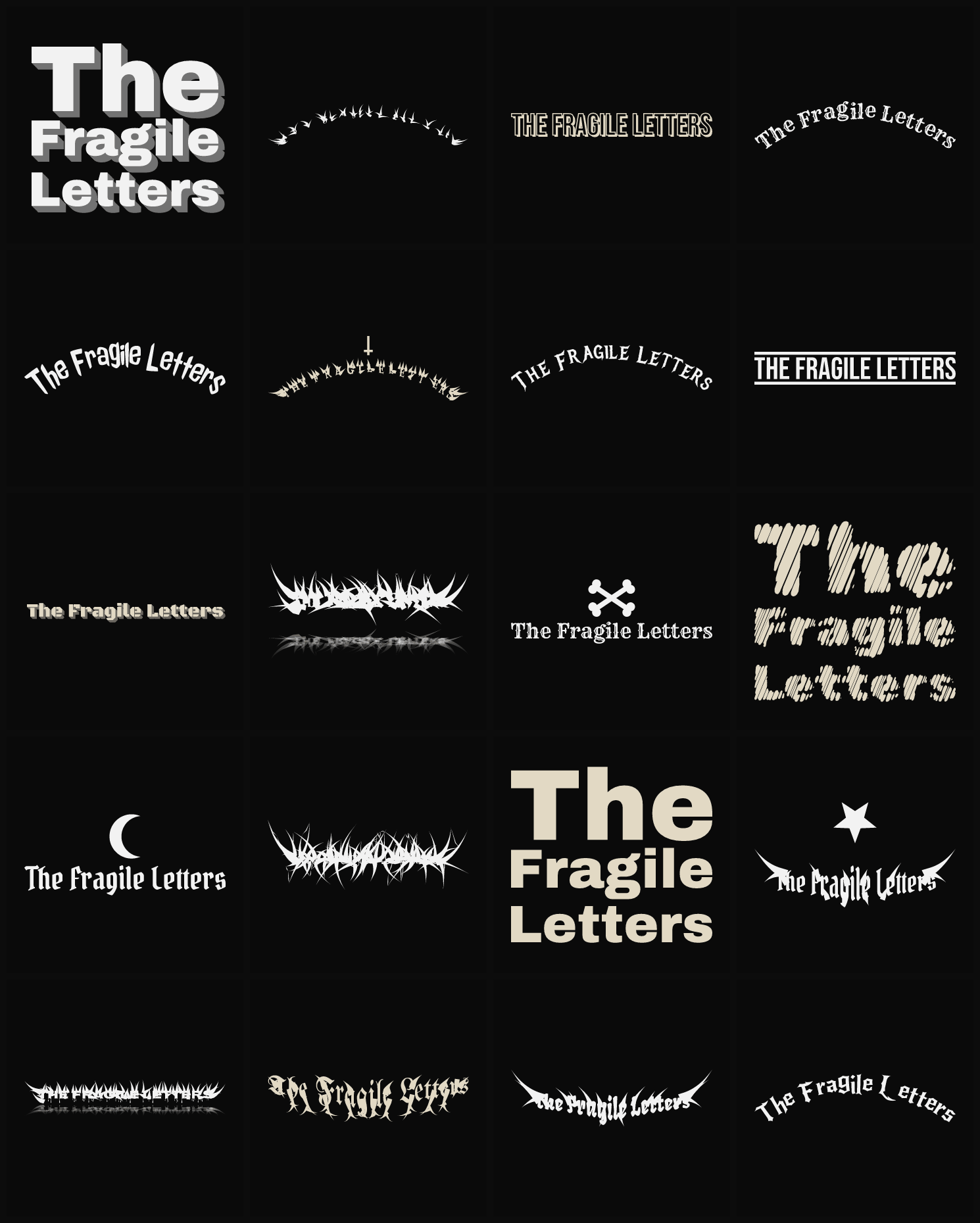 Twenty The Fragile Letters band logo ideas — different faces, treatments and spike settings