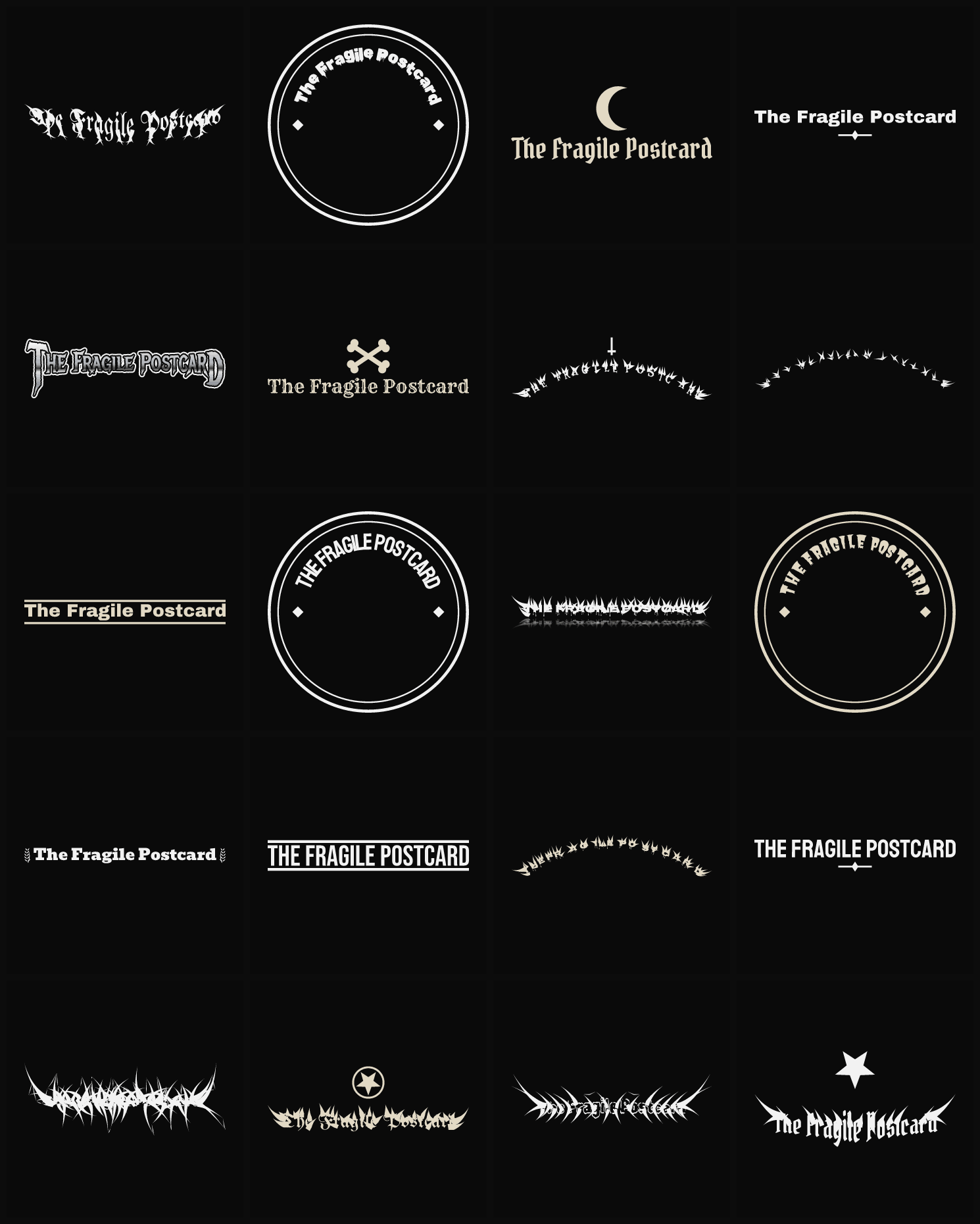 Twenty The Fragile Postcard band logo ideas — different faces, treatments and spike settings