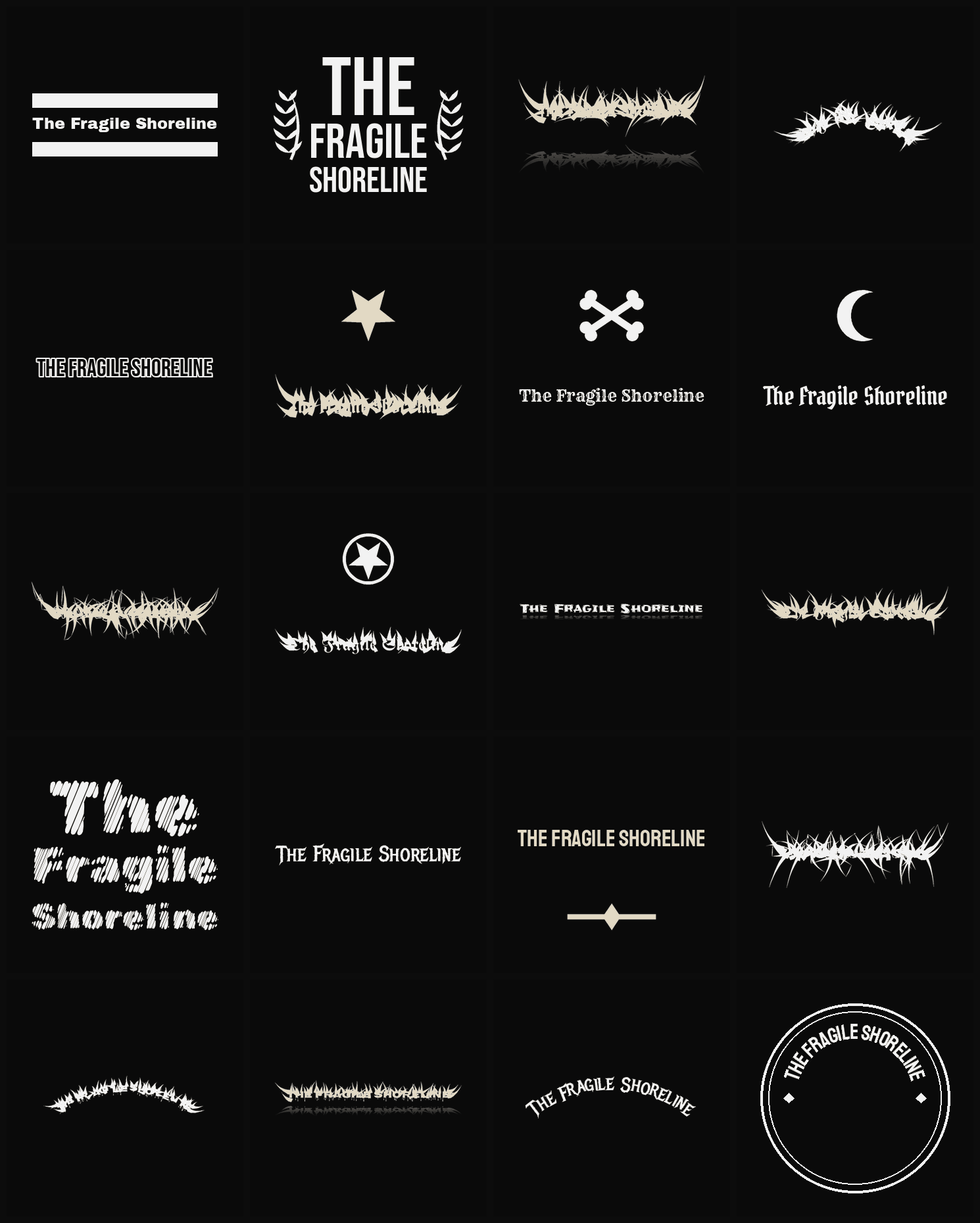 Twenty The Fragile Shoreline band logo ideas — different faces, treatments and spike settings