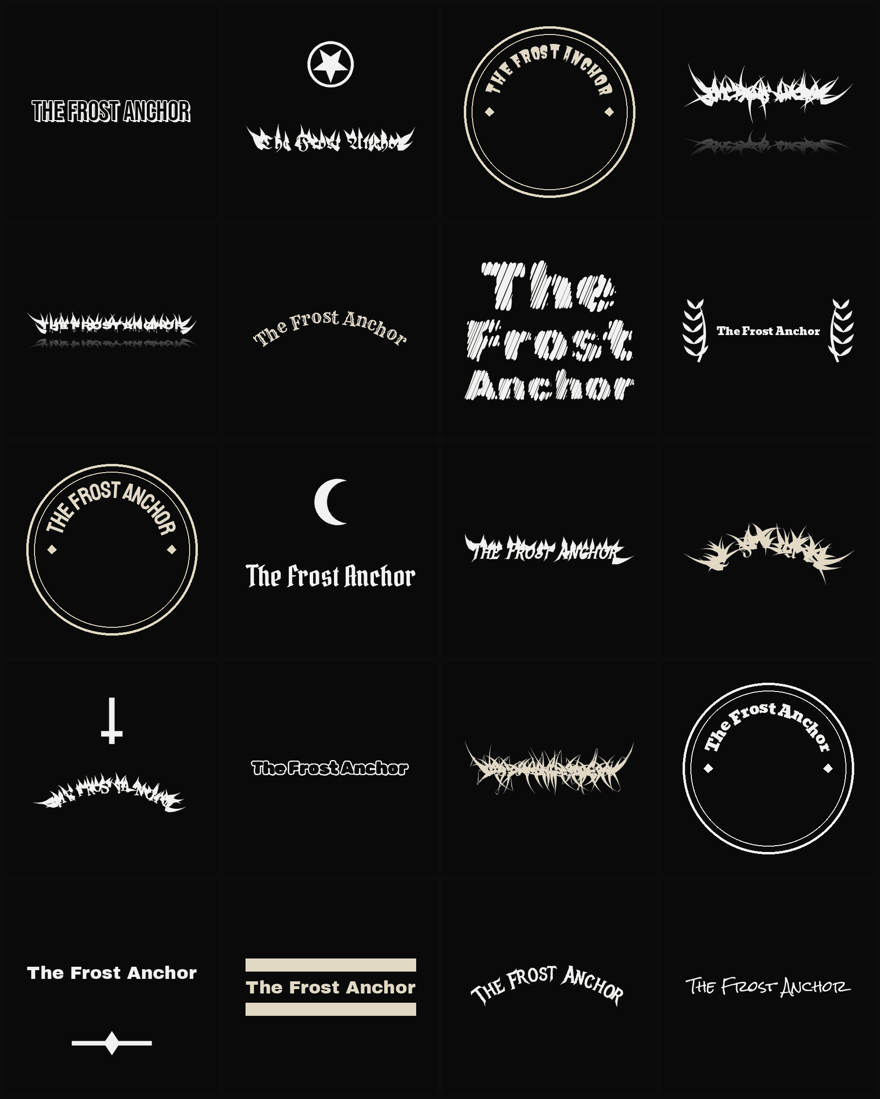 Twenty The Frost Anchor band logo ideas — different faces, treatments and spike settings