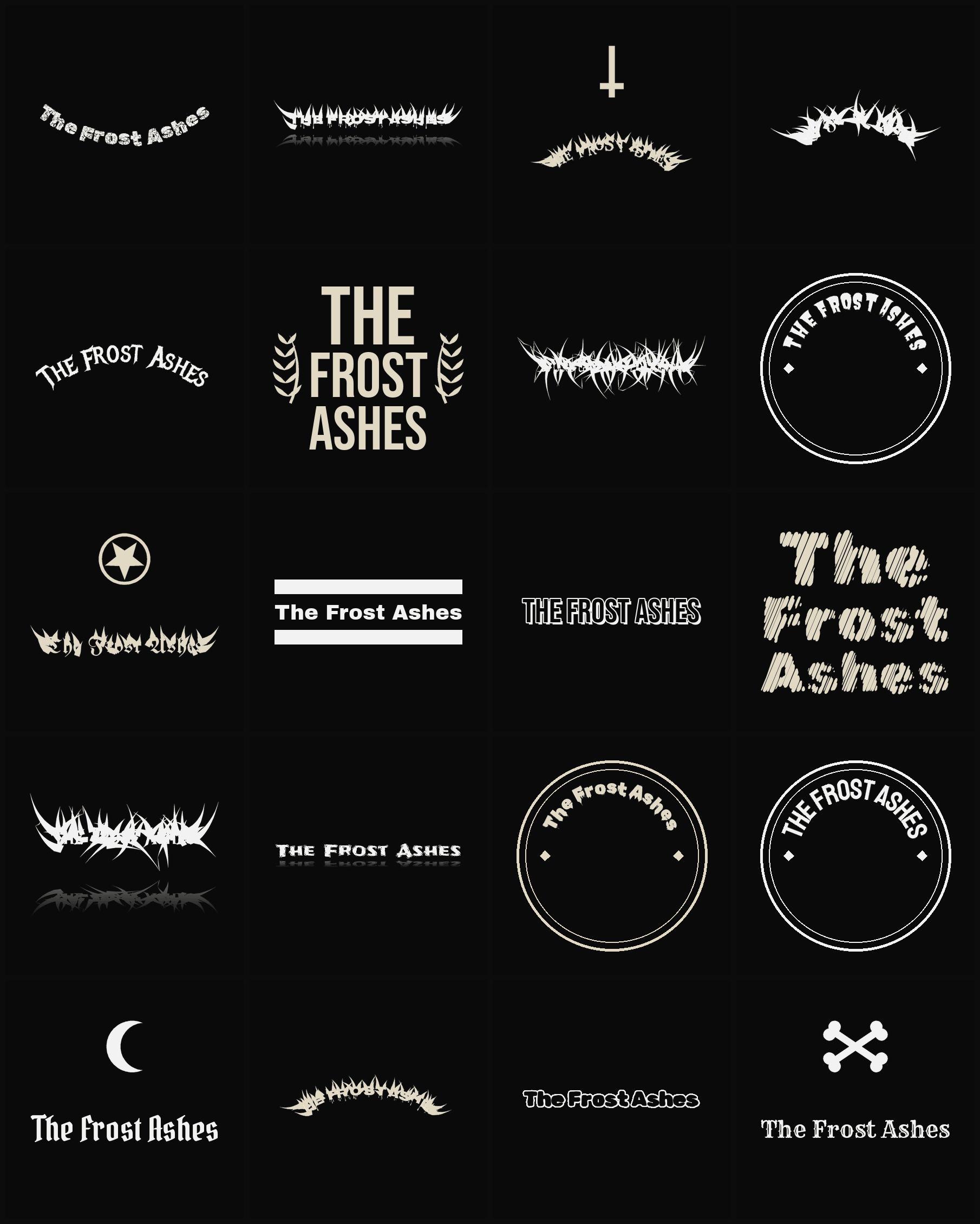 Twenty The Frost Ashes band logo ideas — different faces, treatments and spike settings