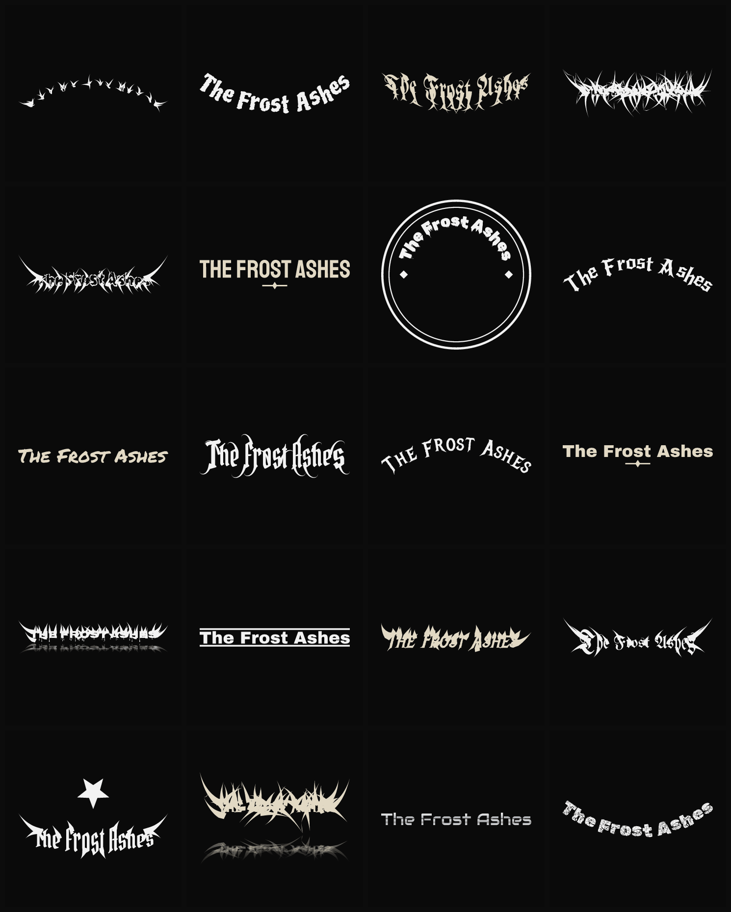Twenty The Frost Ashes band logo ideas — different faces, treatments and spike settings