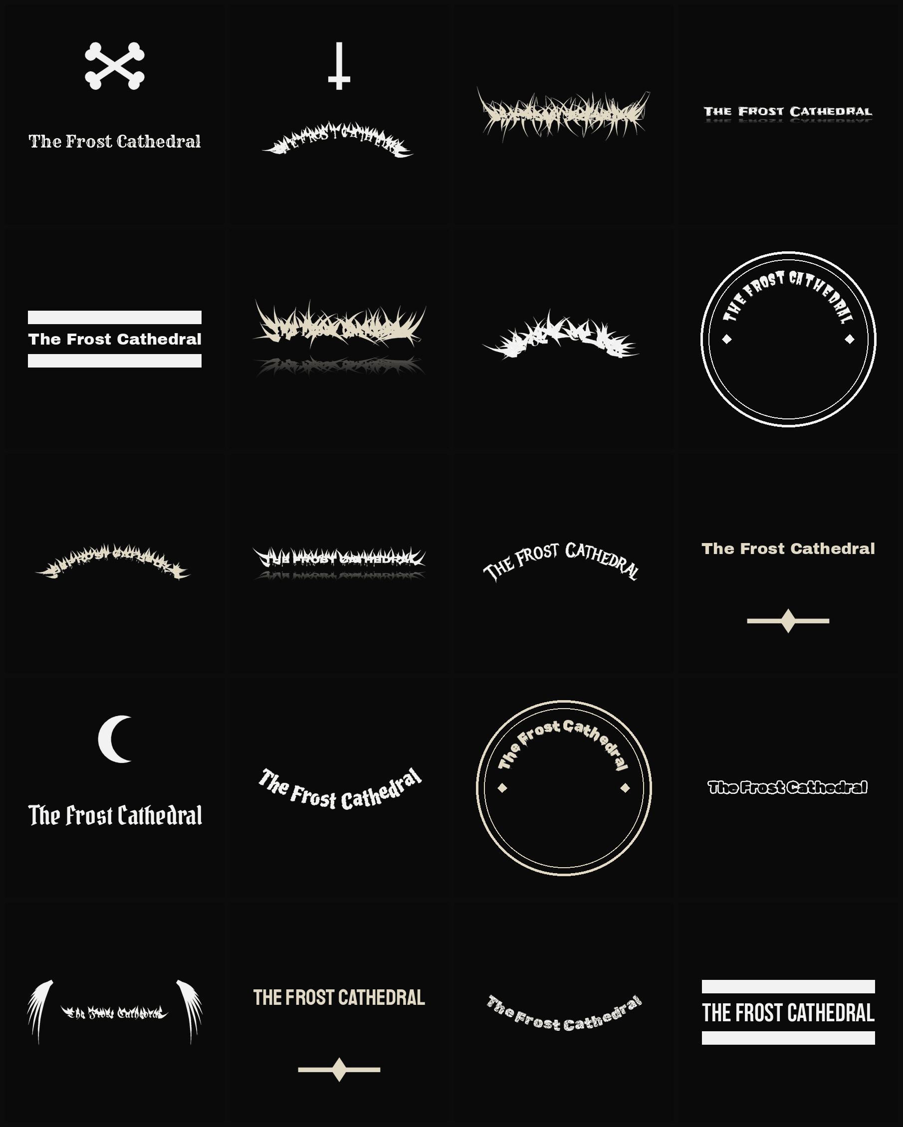 Twenty The Frost Cathedral band logo ideas — different faces, treatments and spike settings