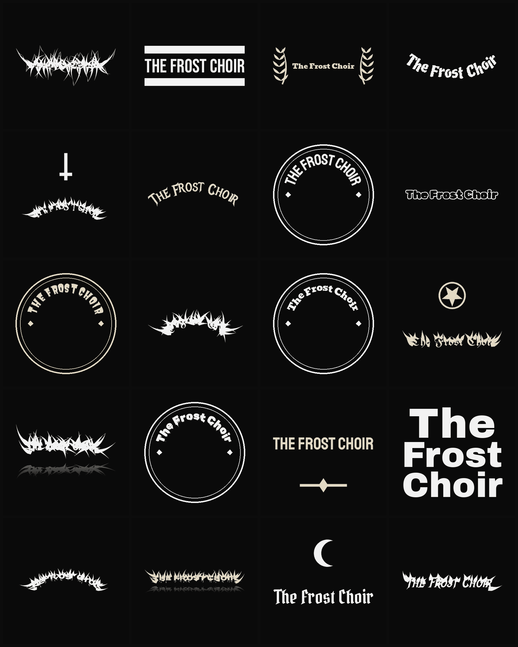 Twenty The Frost Choir band logo ideas — different faces, treatments and spike settings