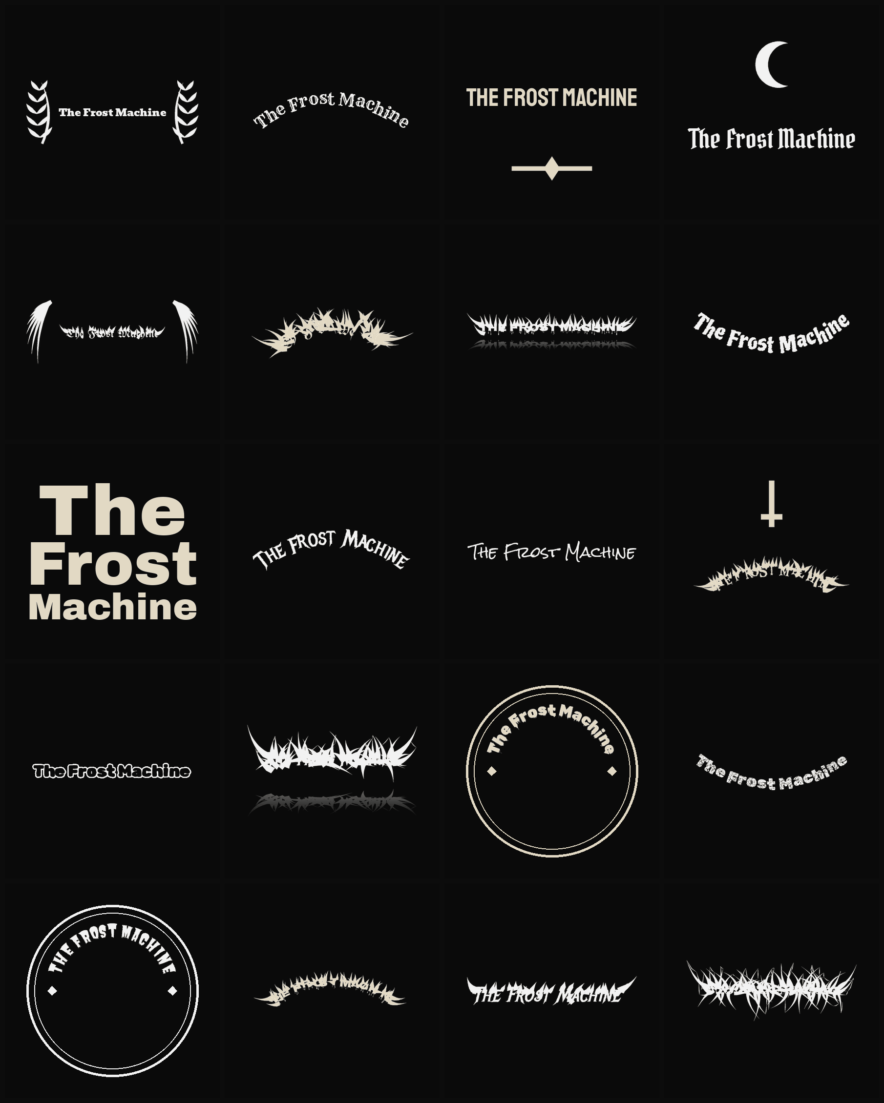 Twenty The Frost Machine band logo ideas — different faces, treatments and spike settings