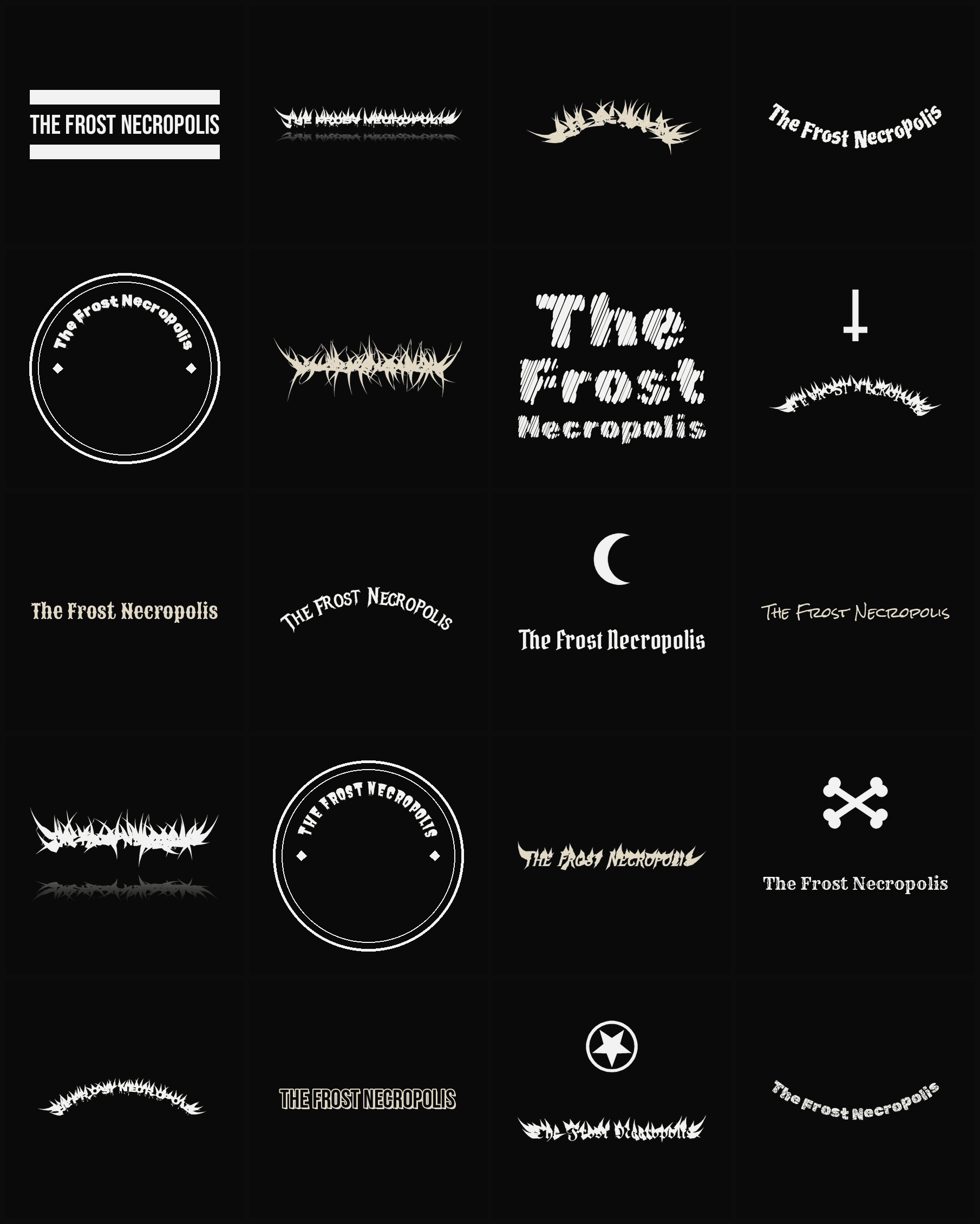 Twenty The Frost Necropolis band logo ideas — different faces, treatments and spike settings