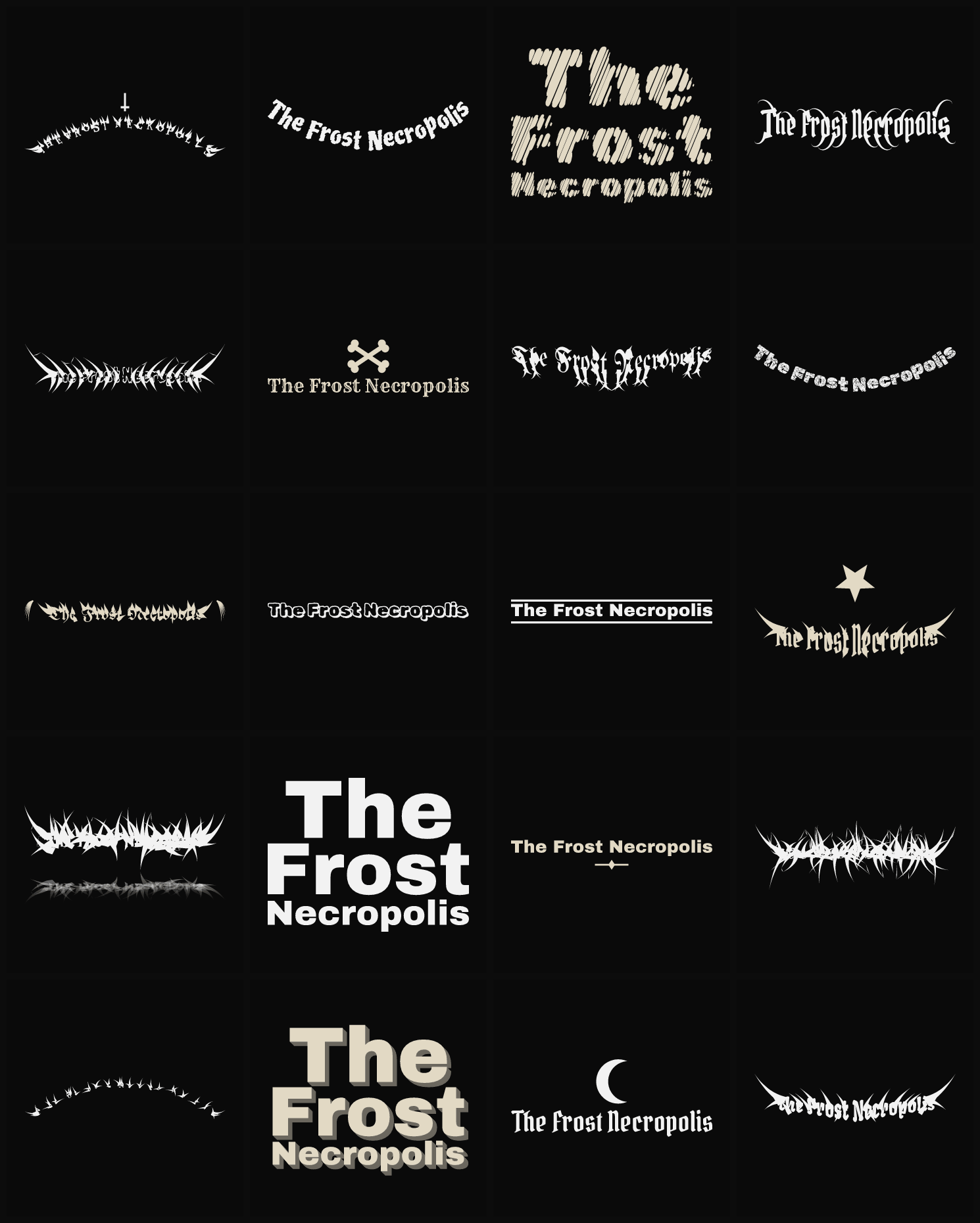 Twenty The Frost Necropolis band logo ideas — different faces, treatments and spike settings