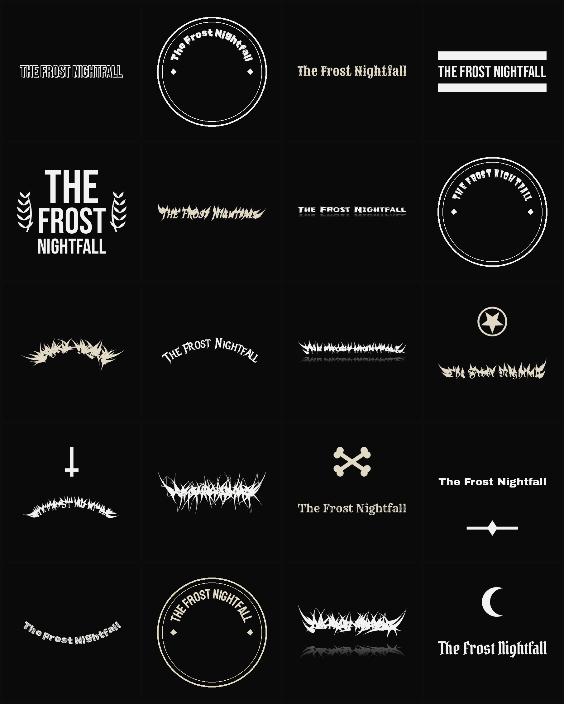 Twenty The Frost Nightfall band logo ideas — different faces, treatments and spike settings