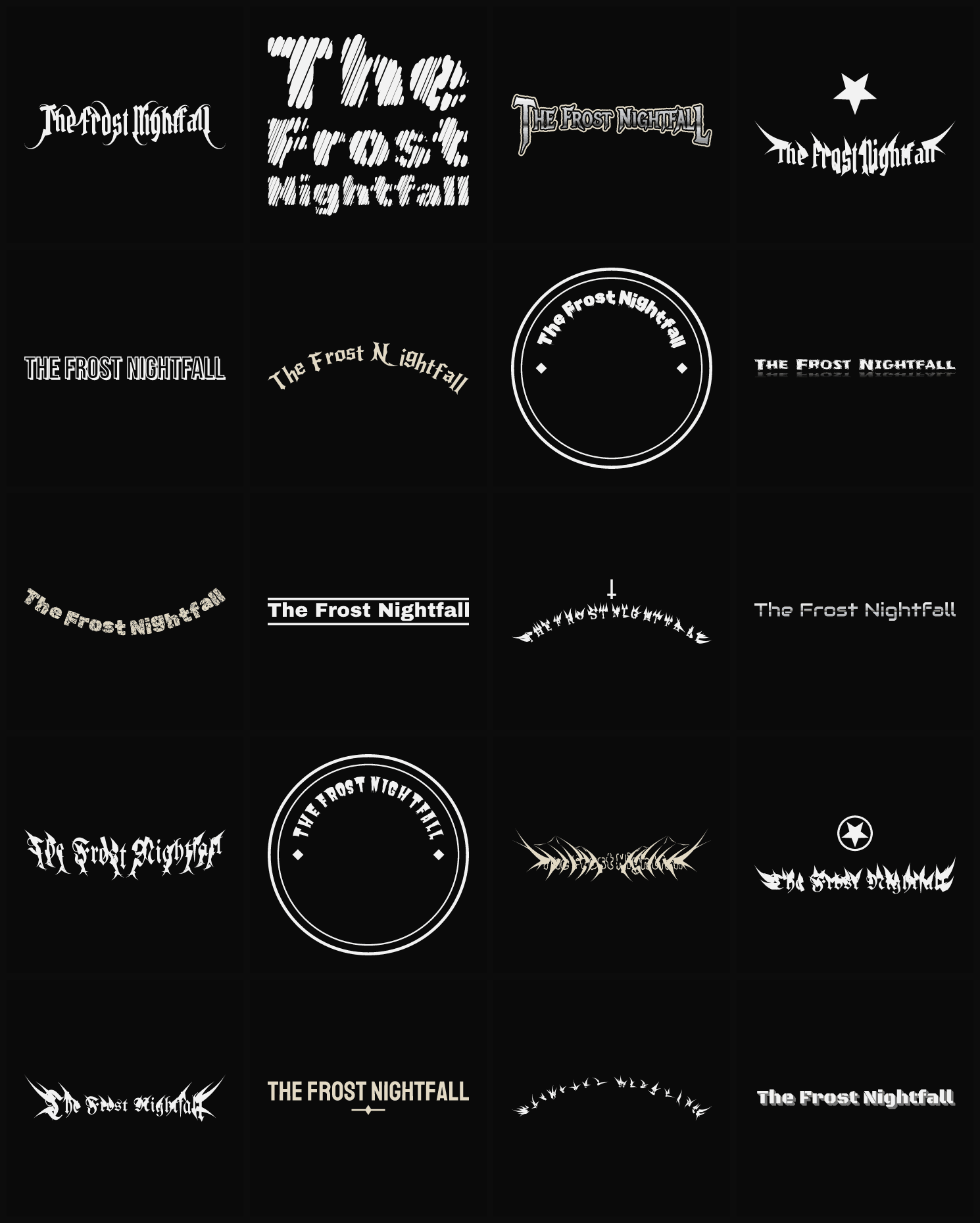 Twenty The Frost Nightfall band logo ideas — different faces, treatments and spike settings