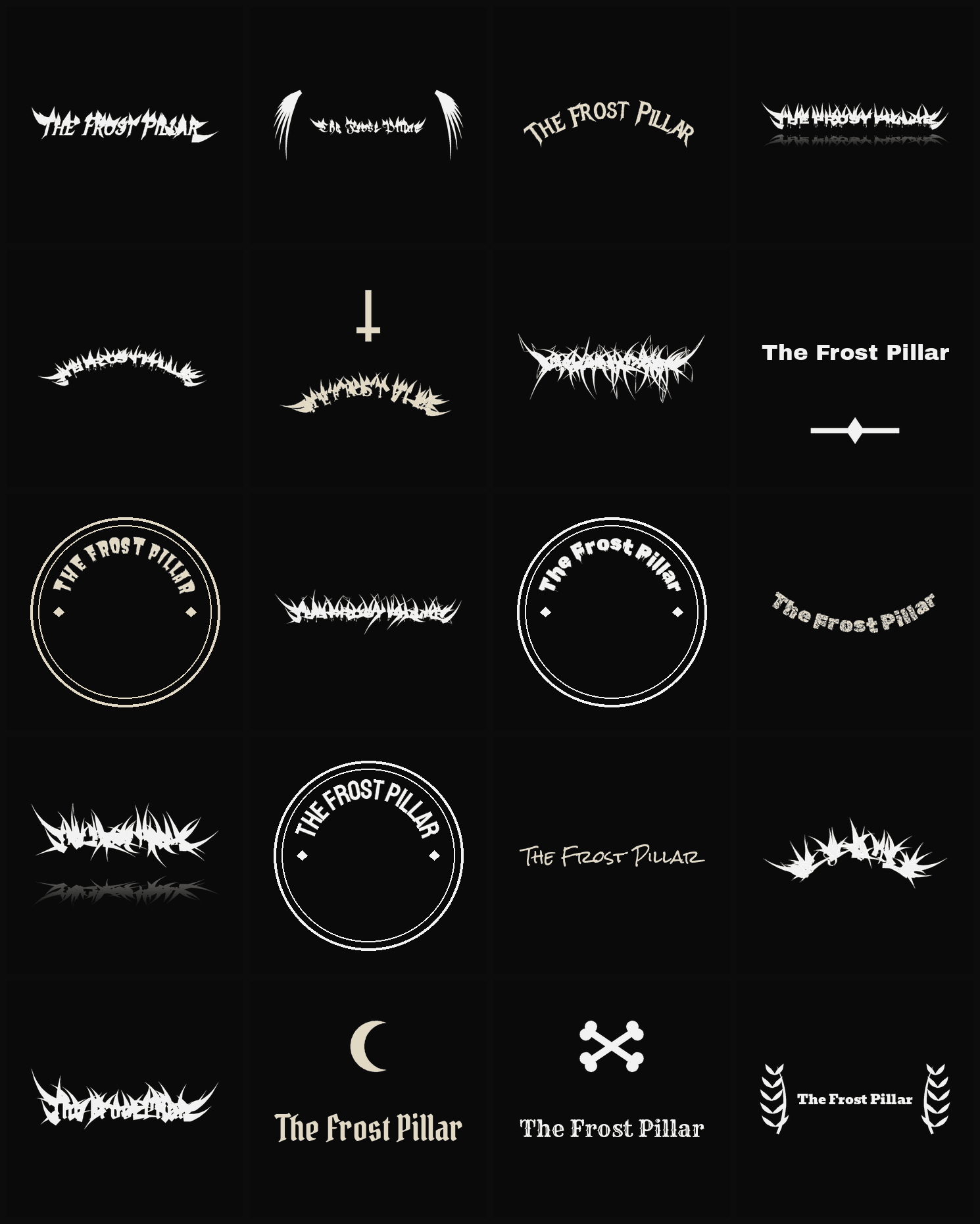 Twenty The Frost Pillar band logo ideas — different faces, treatments and spike settings