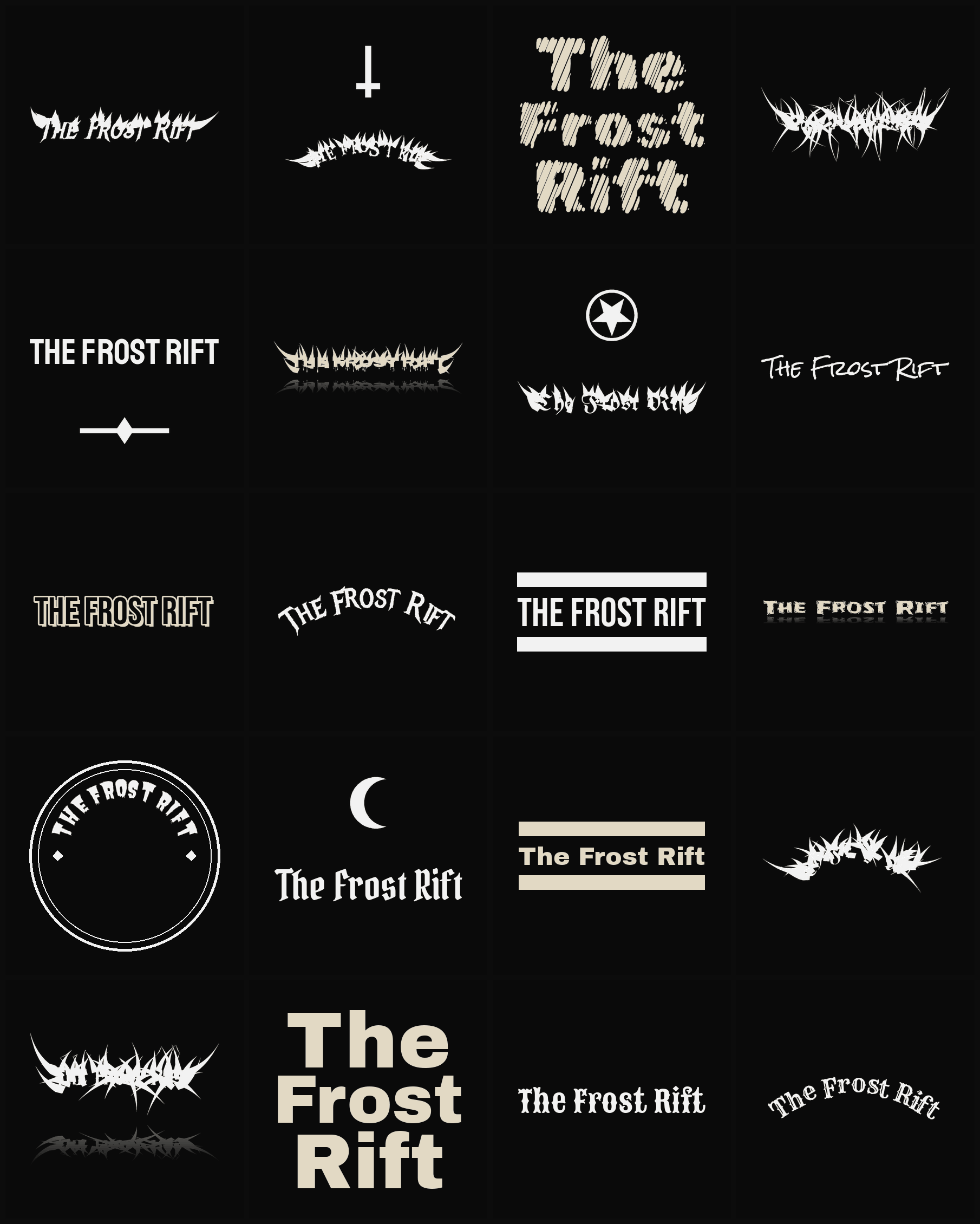 Twenty The Frost Rift band logo ideas — different faces, treatments and spike settings