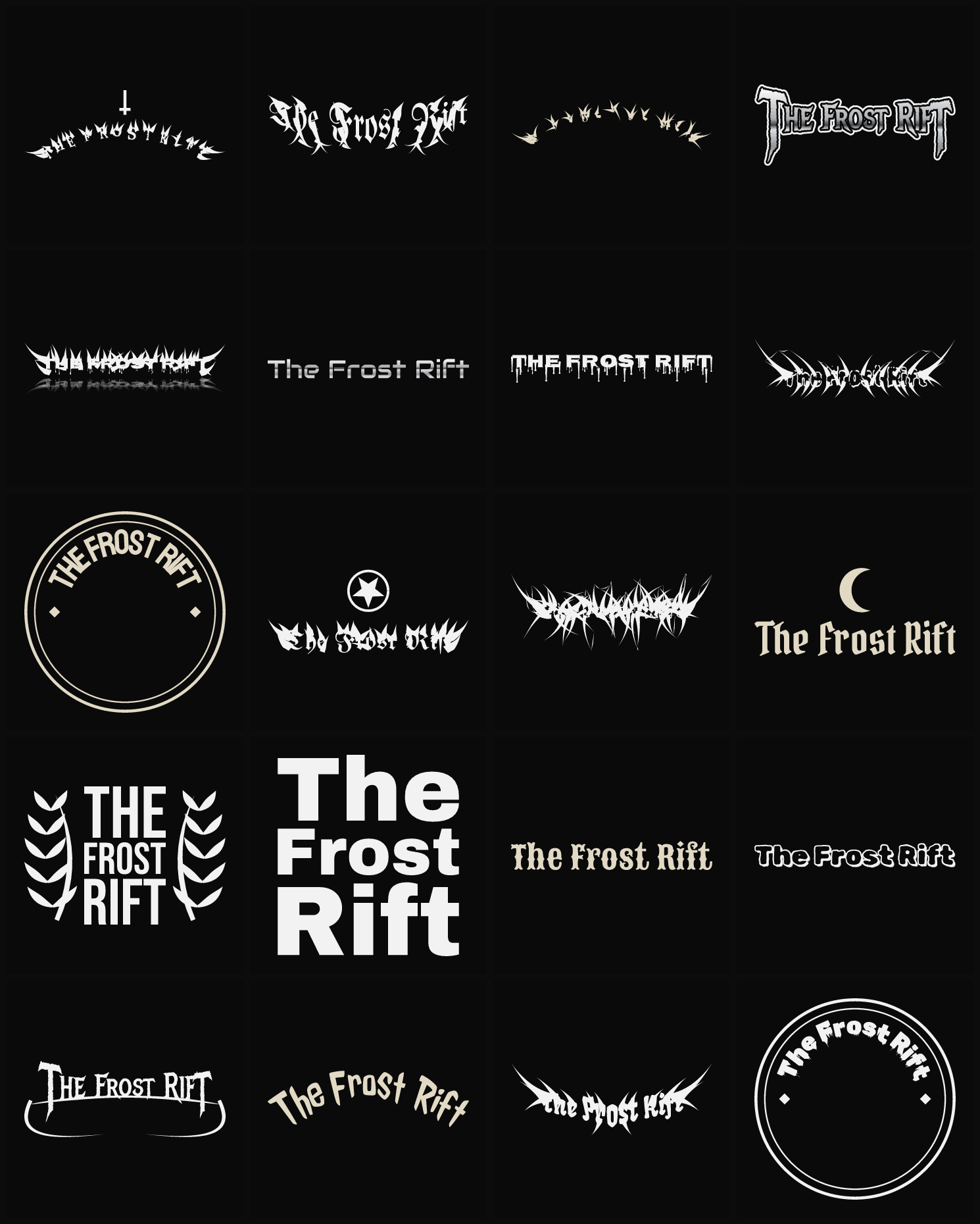 Twenty The Frost Rift band logo ideas — different faces, treatments and spike settings
