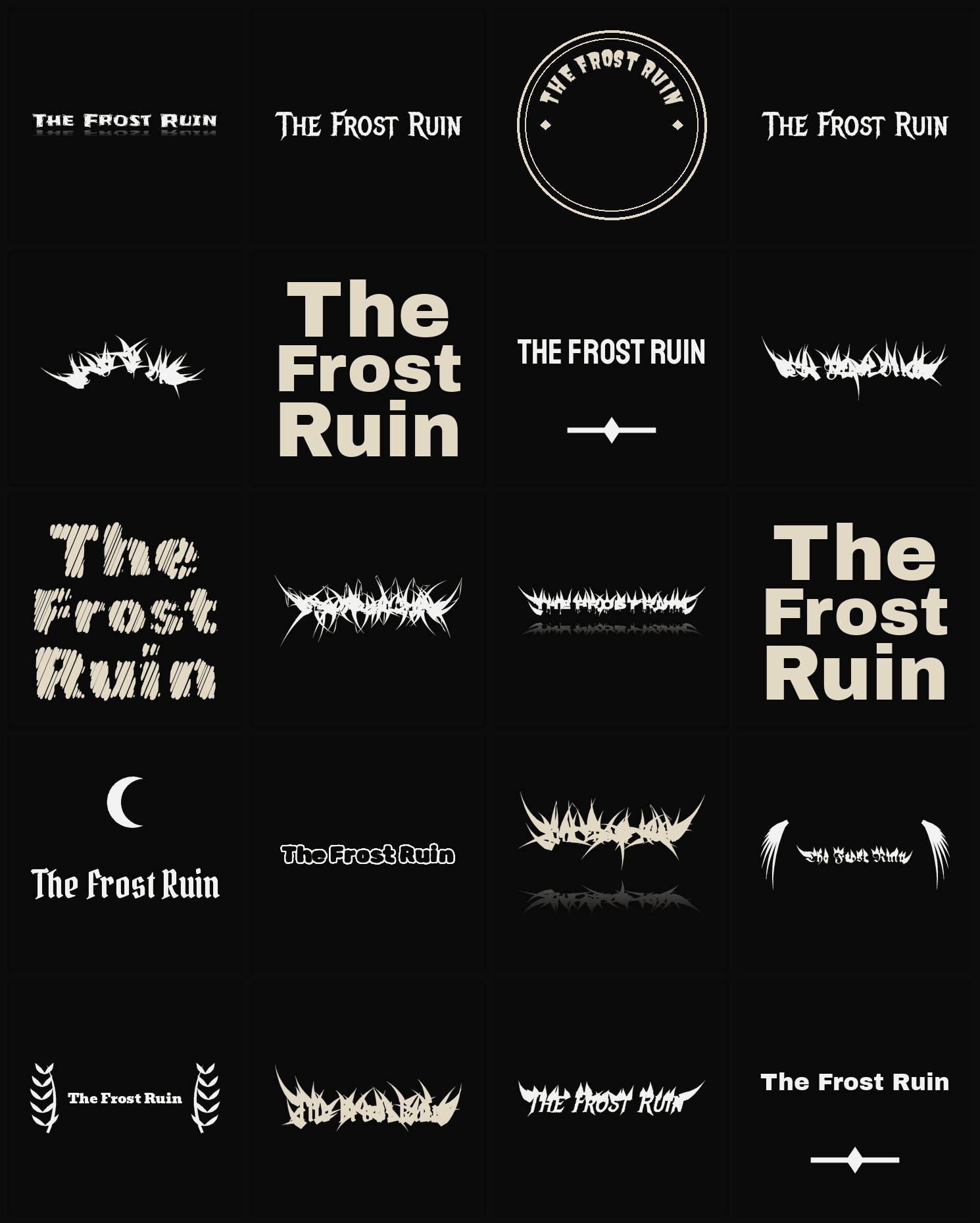 Twenty The Frost Ruin band logo ideas — different faces, treatments and spike settings