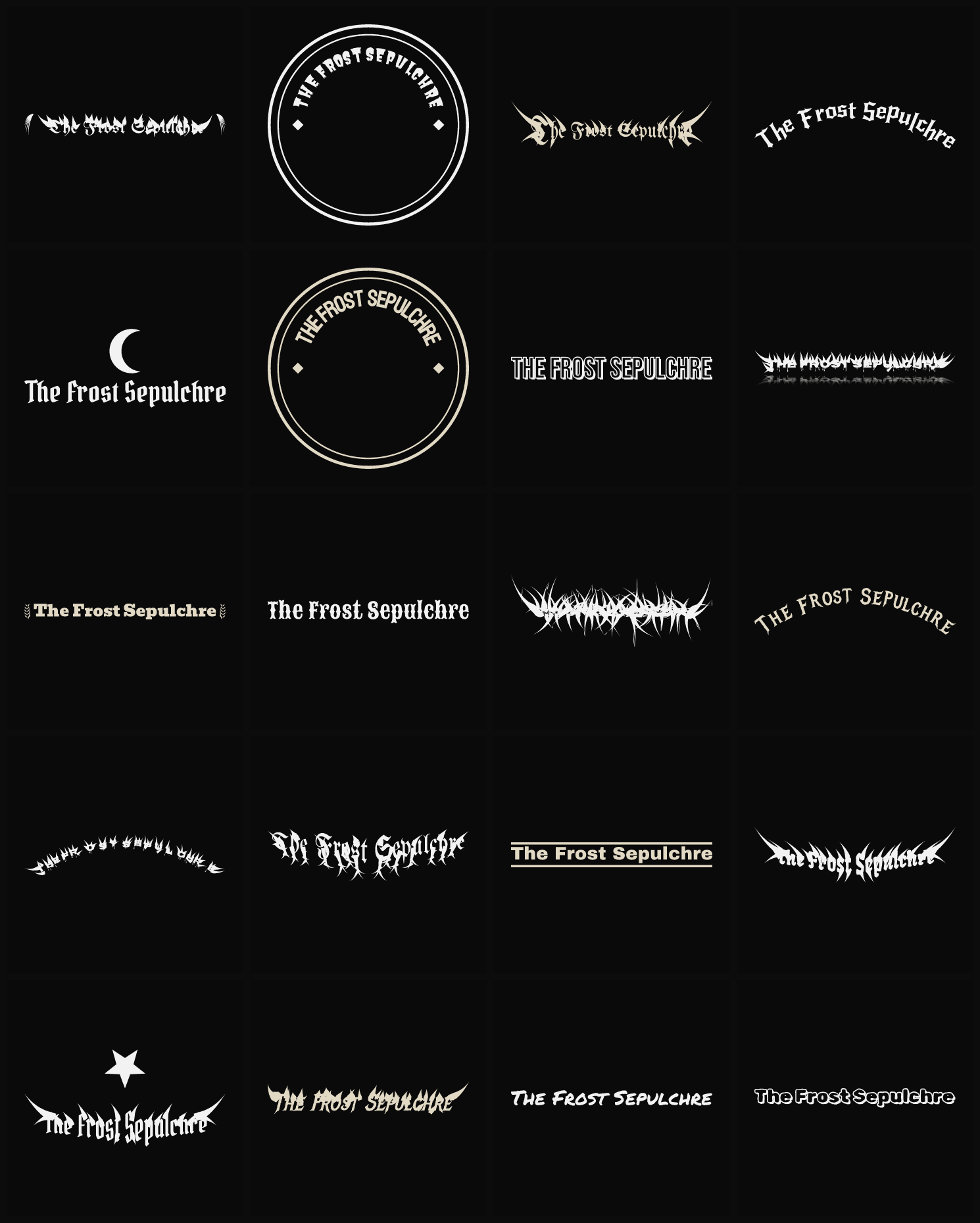 Twenty The Frost Sepulchre band logo ideas — different faces, treatments and spike settings