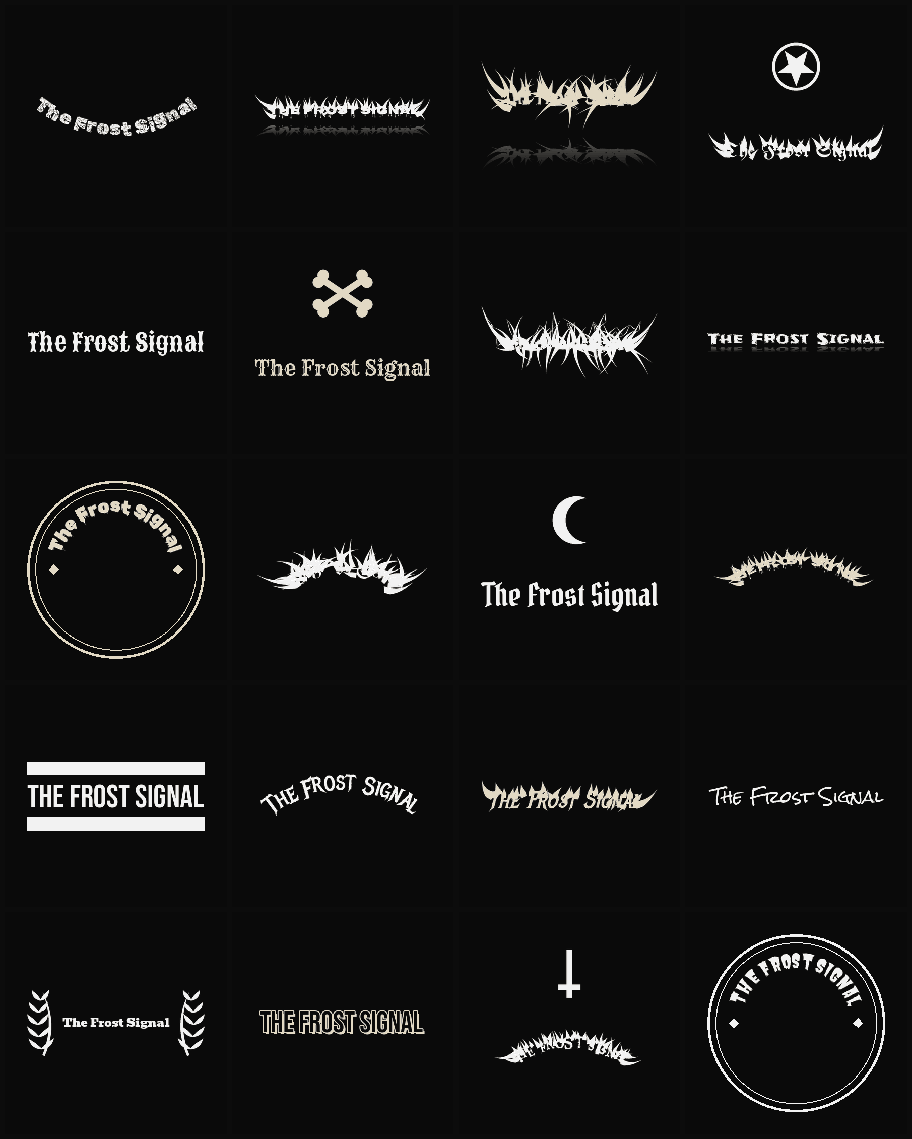 Twenty The Frost Signal band logo ideas — different faces, treatments and spike settings