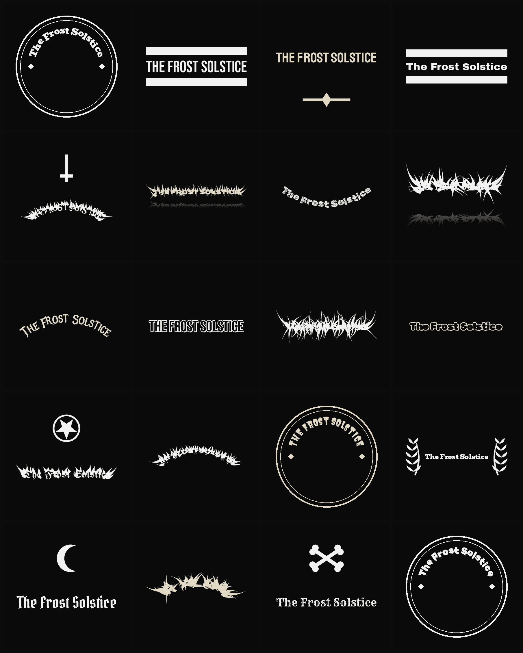 Twenty The Frost Solstice band logo ideas — different faces, treatments and spike settings