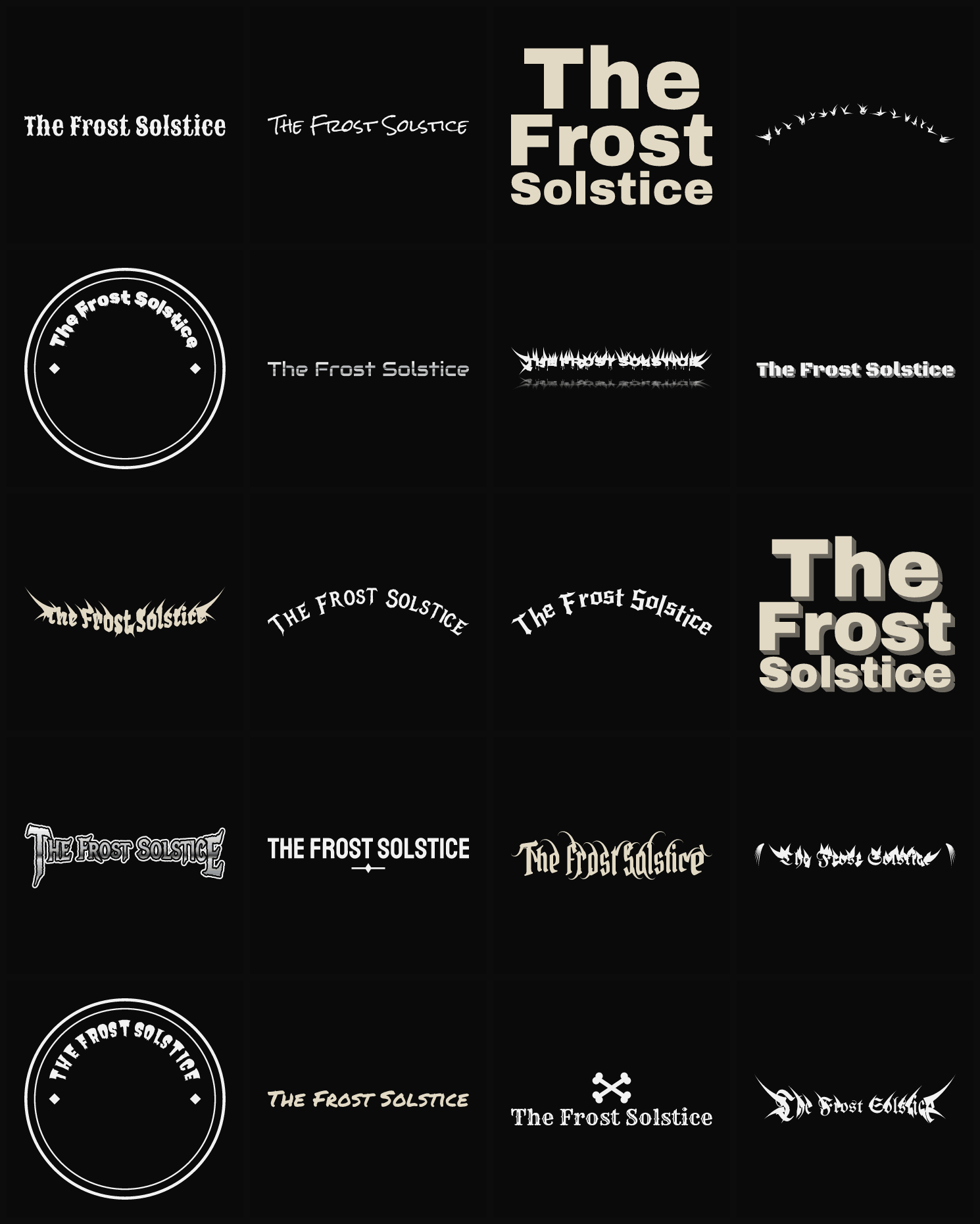 Twenty The Frost Solstice band logo ideas — different faces, treatments and spike settings