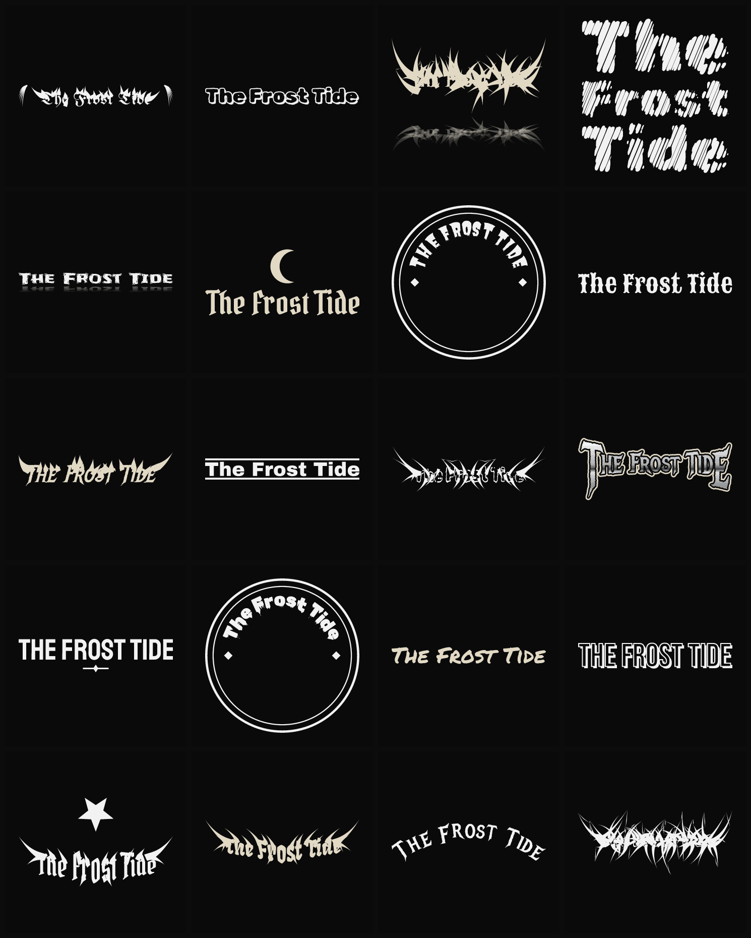Twenty The Frost Tide band logo ideas — different faces, treatments and spike settings