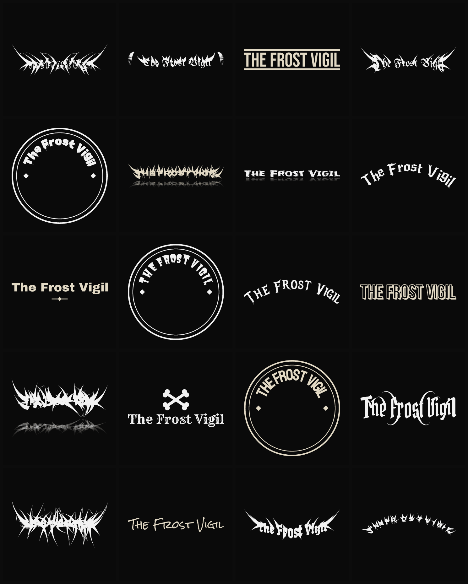 Twenty The Frost Vigil band logo ideas — different faces, treatments and spike settings