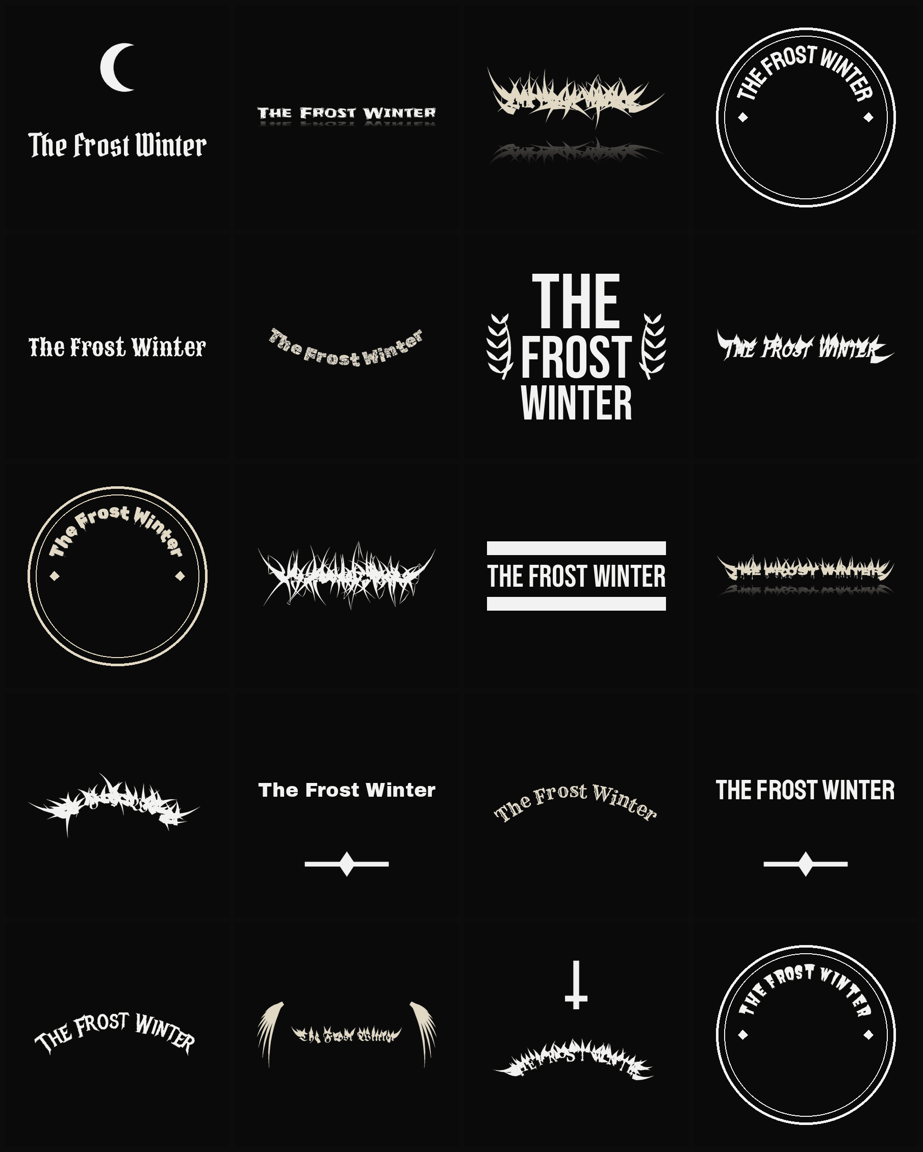 Twenty The Frost Winter band logo ideas — different faces, treatments and spike settings