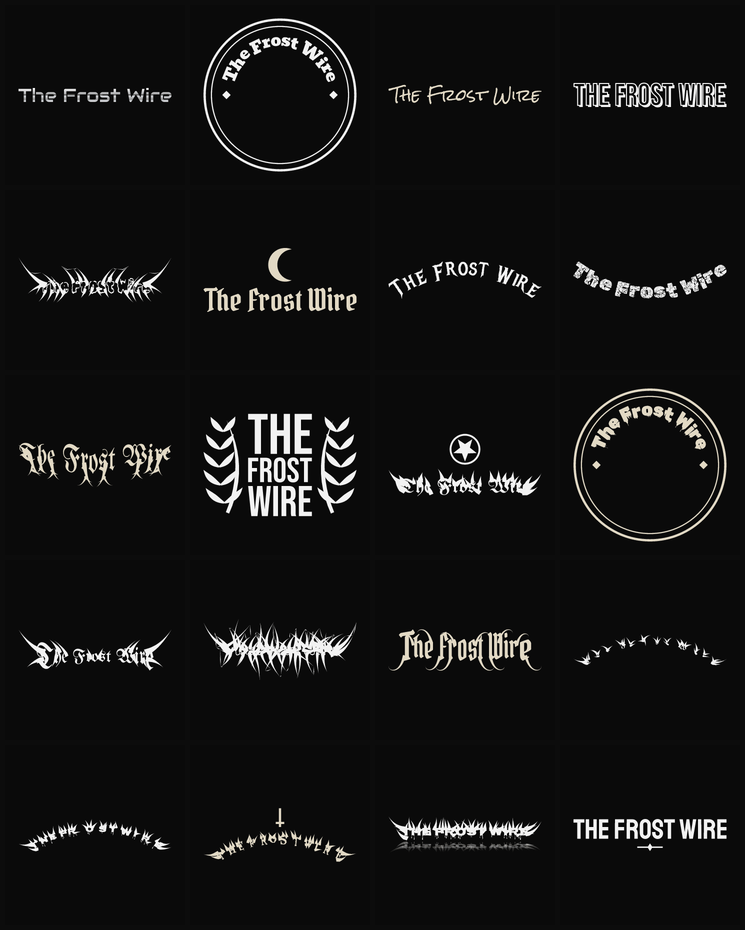 Twenty The Frost Wire band logo ideas — different faces, treatments and spike settings