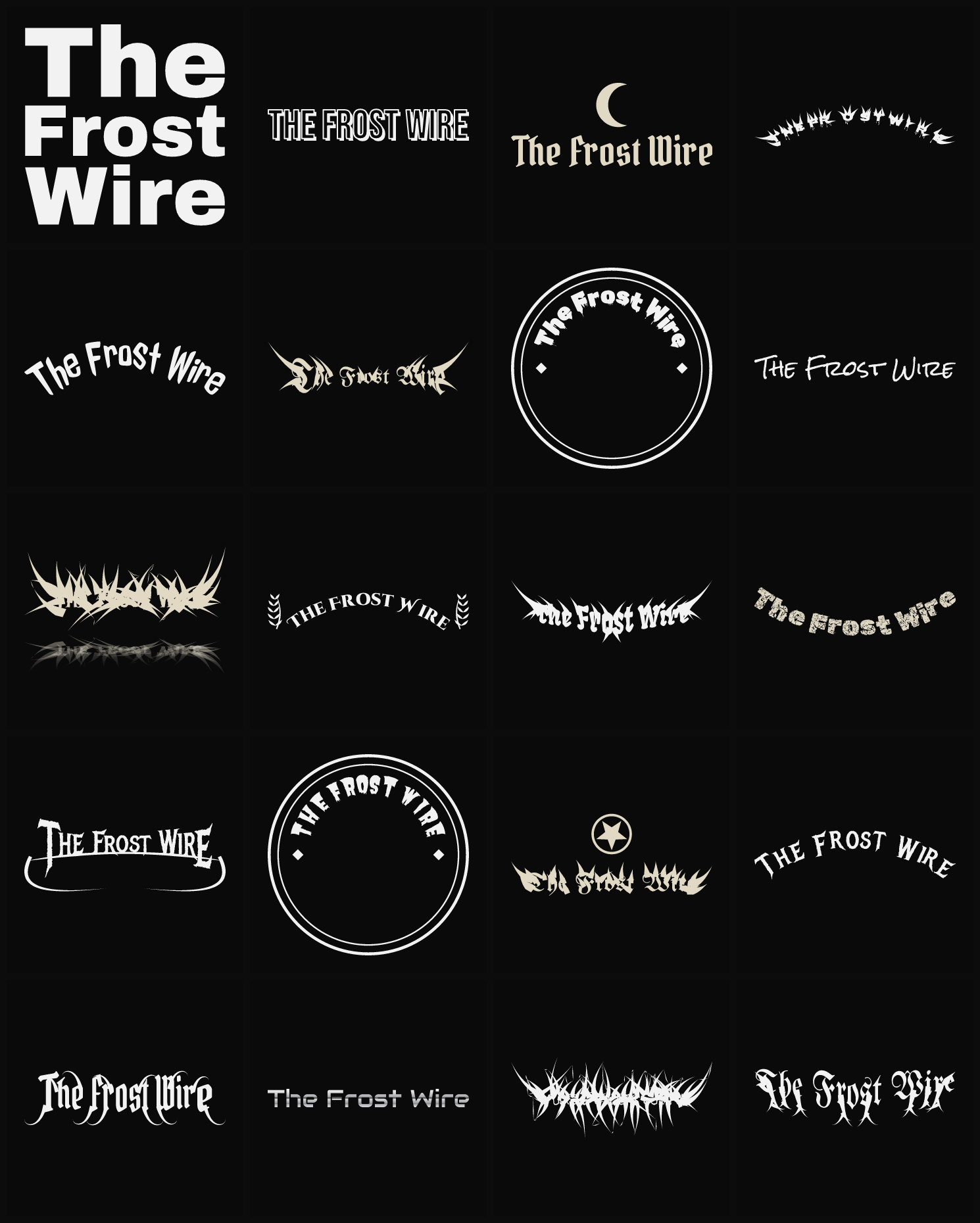 Twenty The Frost Wire band logo ideas — different faces, treatments and spike settings