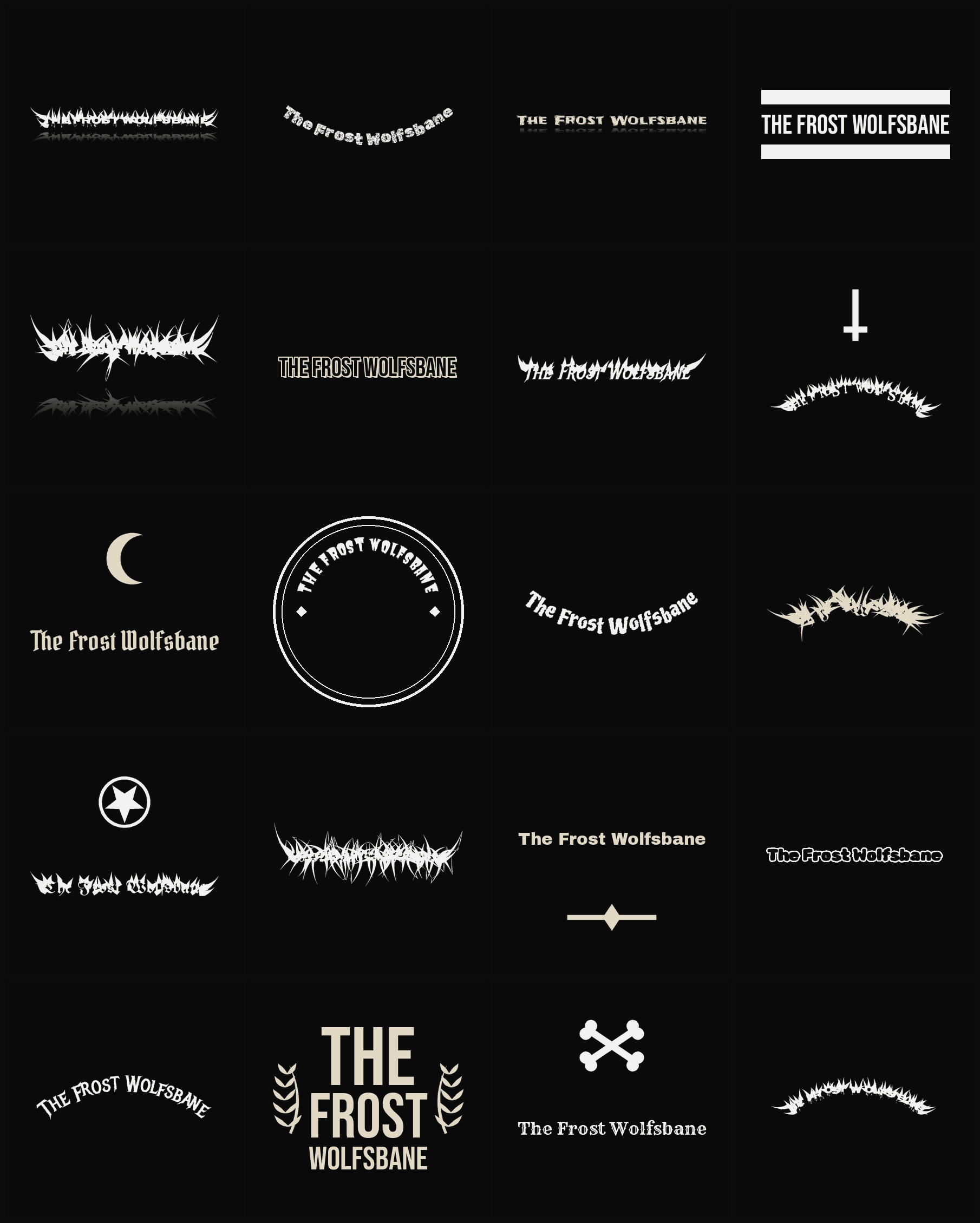 Twenty The Frost Wolfsbane band logo ideas — different faces, treatments and spike settings