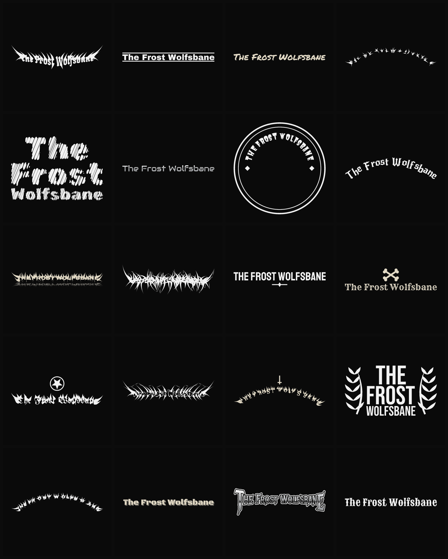 Twenty The Frost Wolfsbane band logo ideas — different faces, treatments and spike settings
