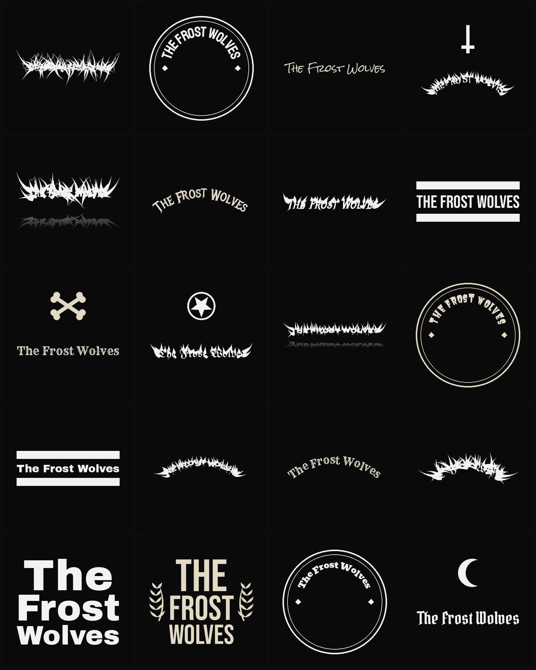 Twenty The Frost Wolves band logo ideas — different faces, treatments and spike settings