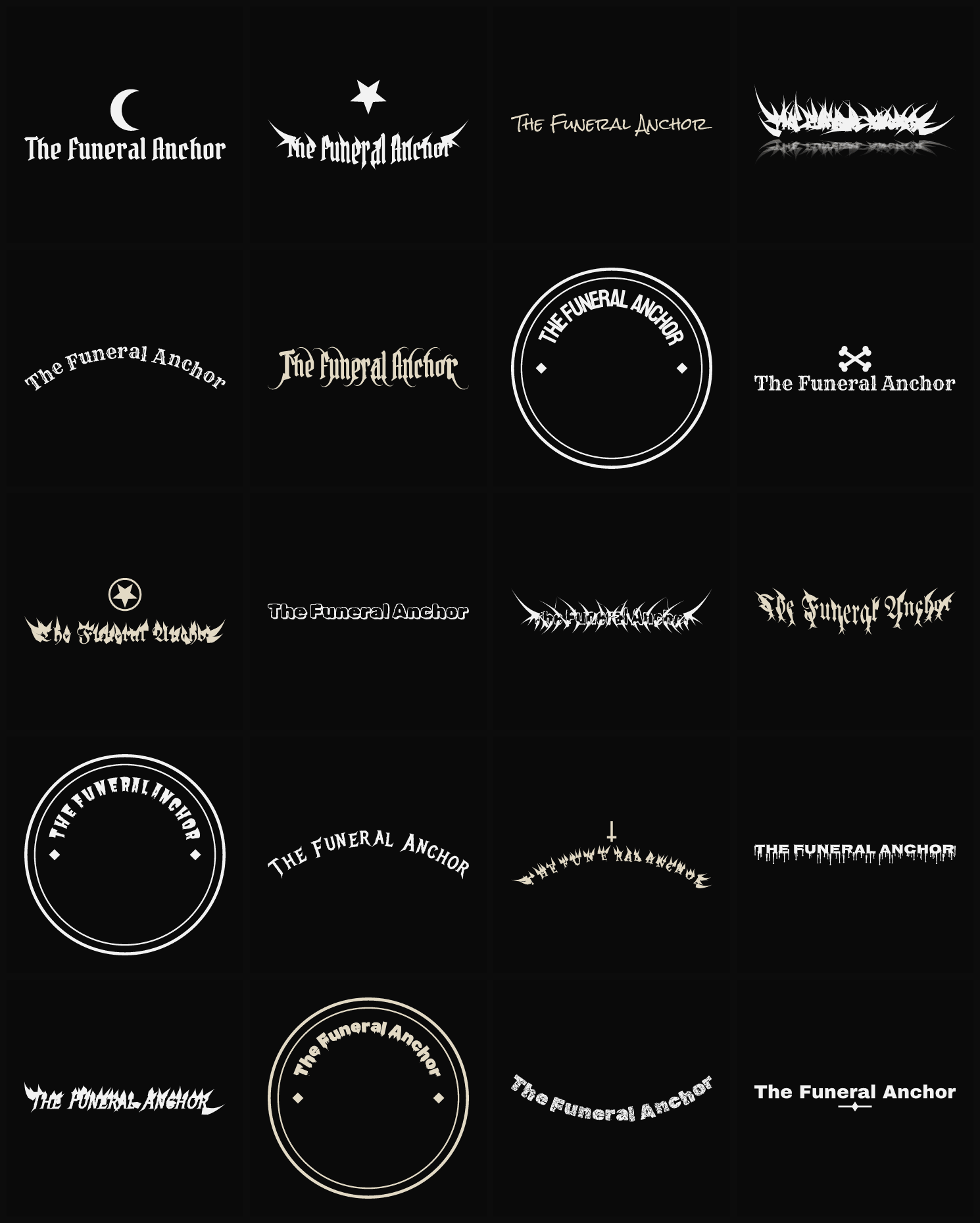 Twenty The Funeral Anchor band logo ideas — different faces, treatments and spike settings