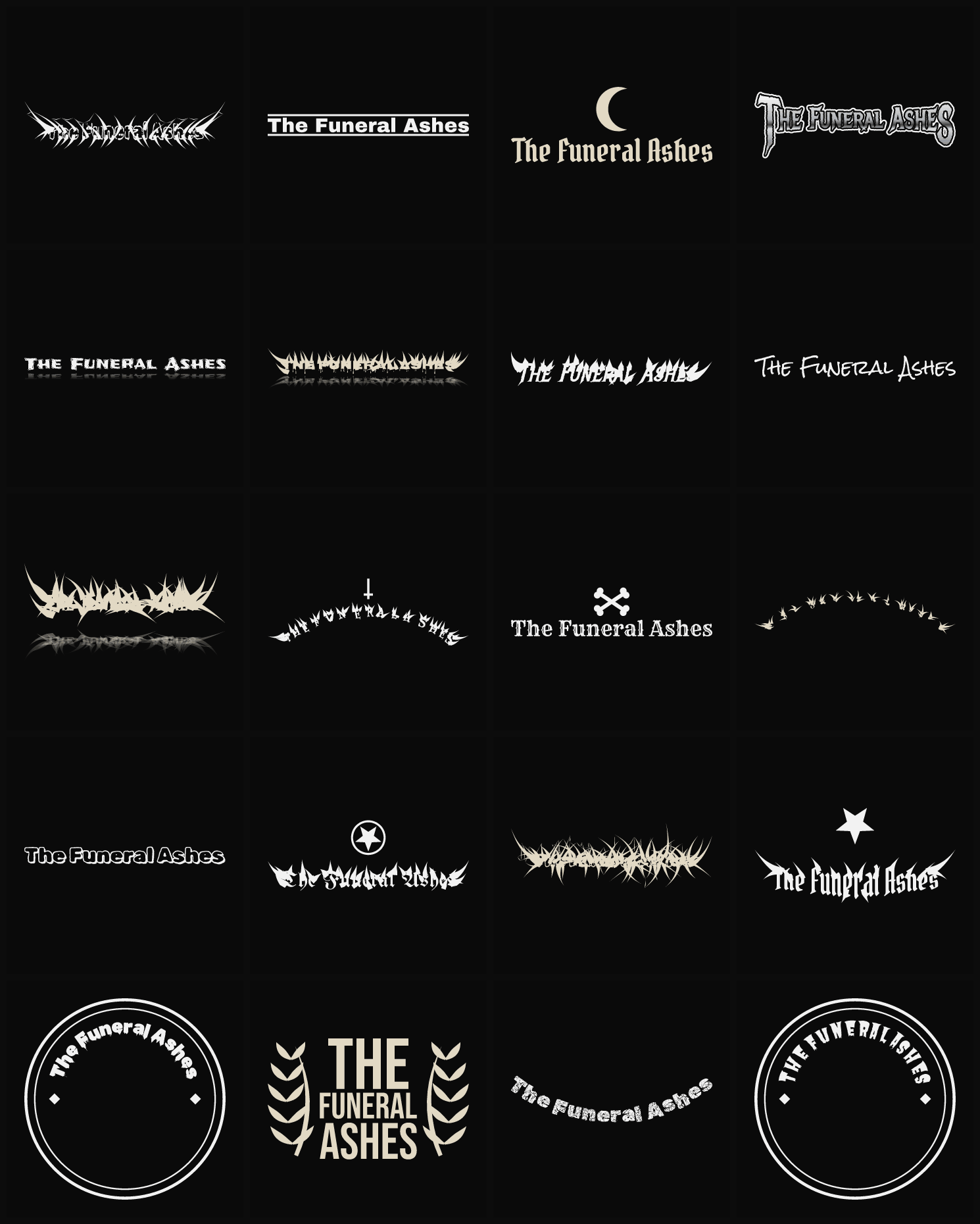 Twenty The Funeral Ashes band logo ideas — different faces, treatments and spike settings