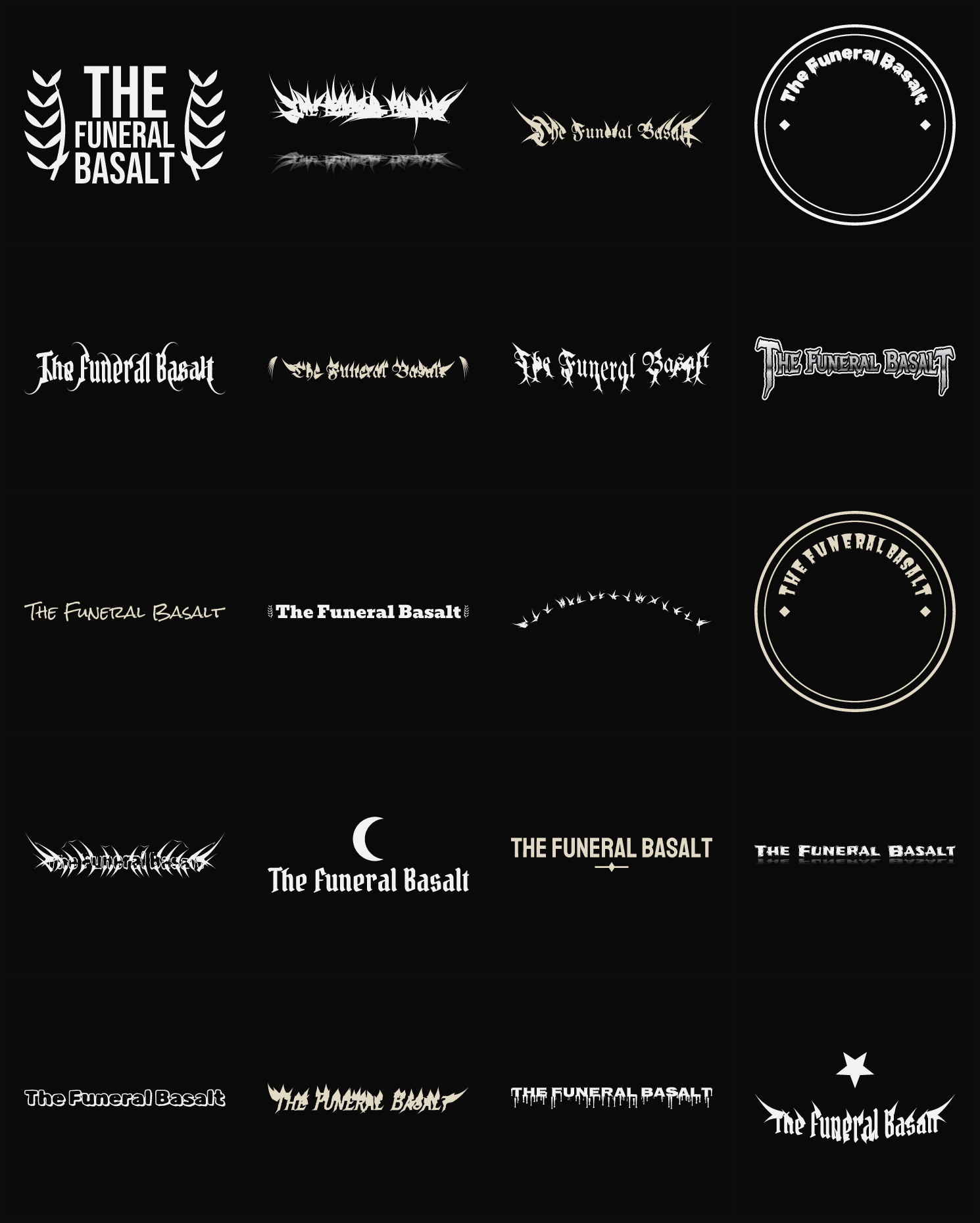 Twenty The Funeral Basalt band logo ideas — different faces, treatments and spike settings