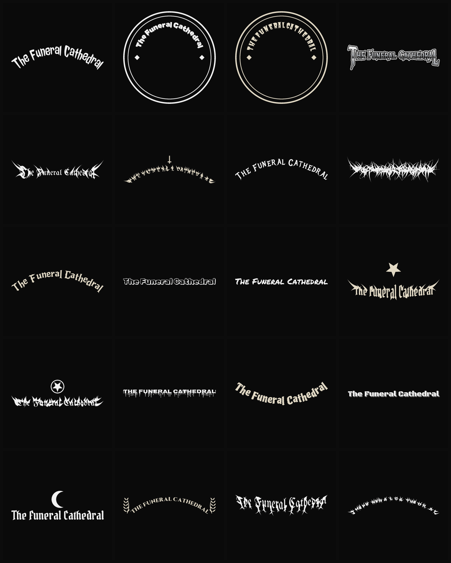 Twenty The Funeral Cathedral band logo ideas — different faces, treatments and spike settings