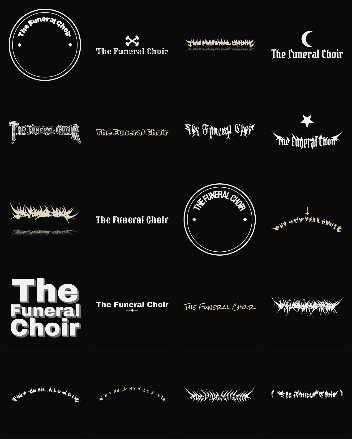 Twenty The Funeral Choir band logo ideas — different faces, treatments and spike settings