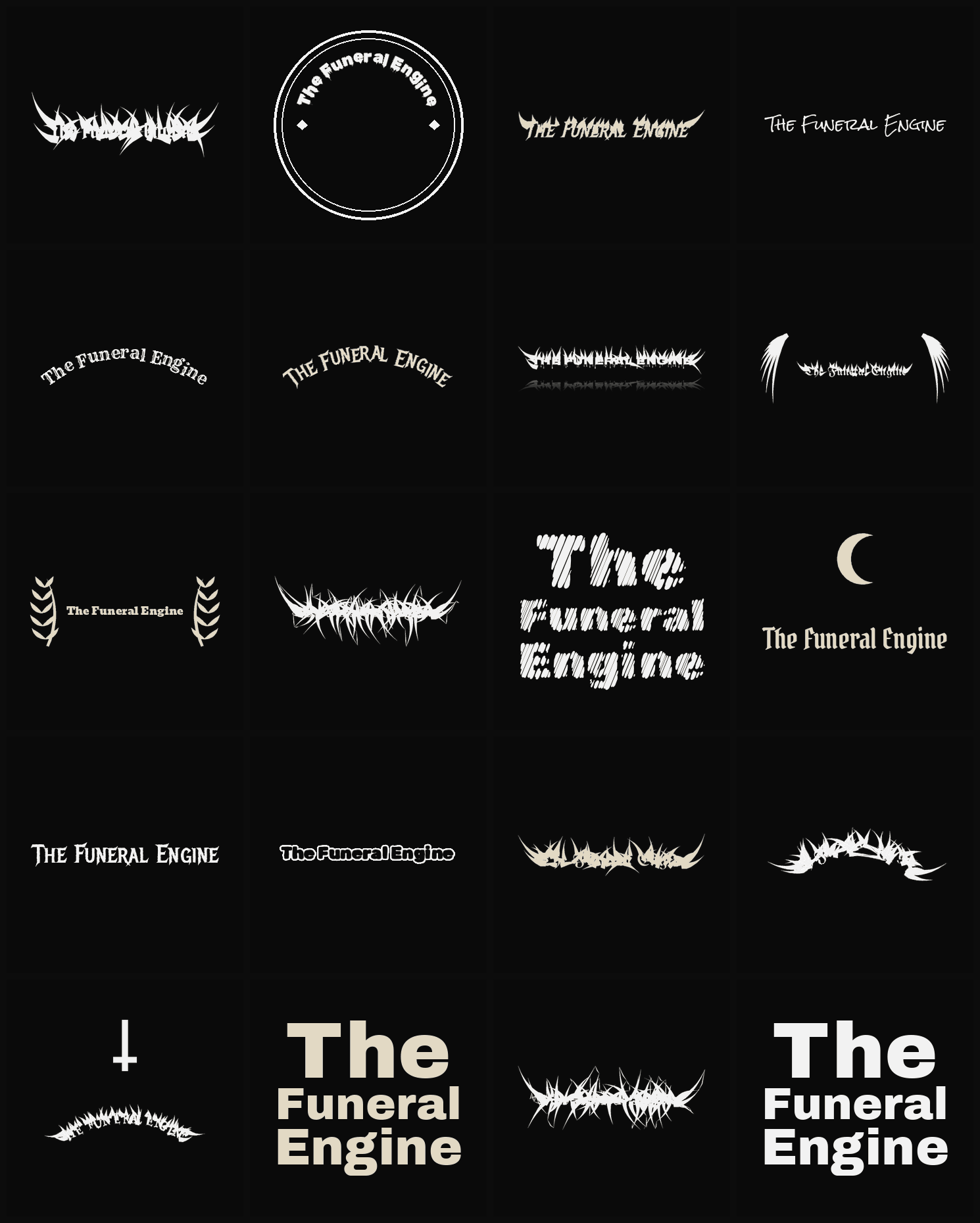 Twenty The Funeral Engine band logo ideas — different faces, treatments and spike settings