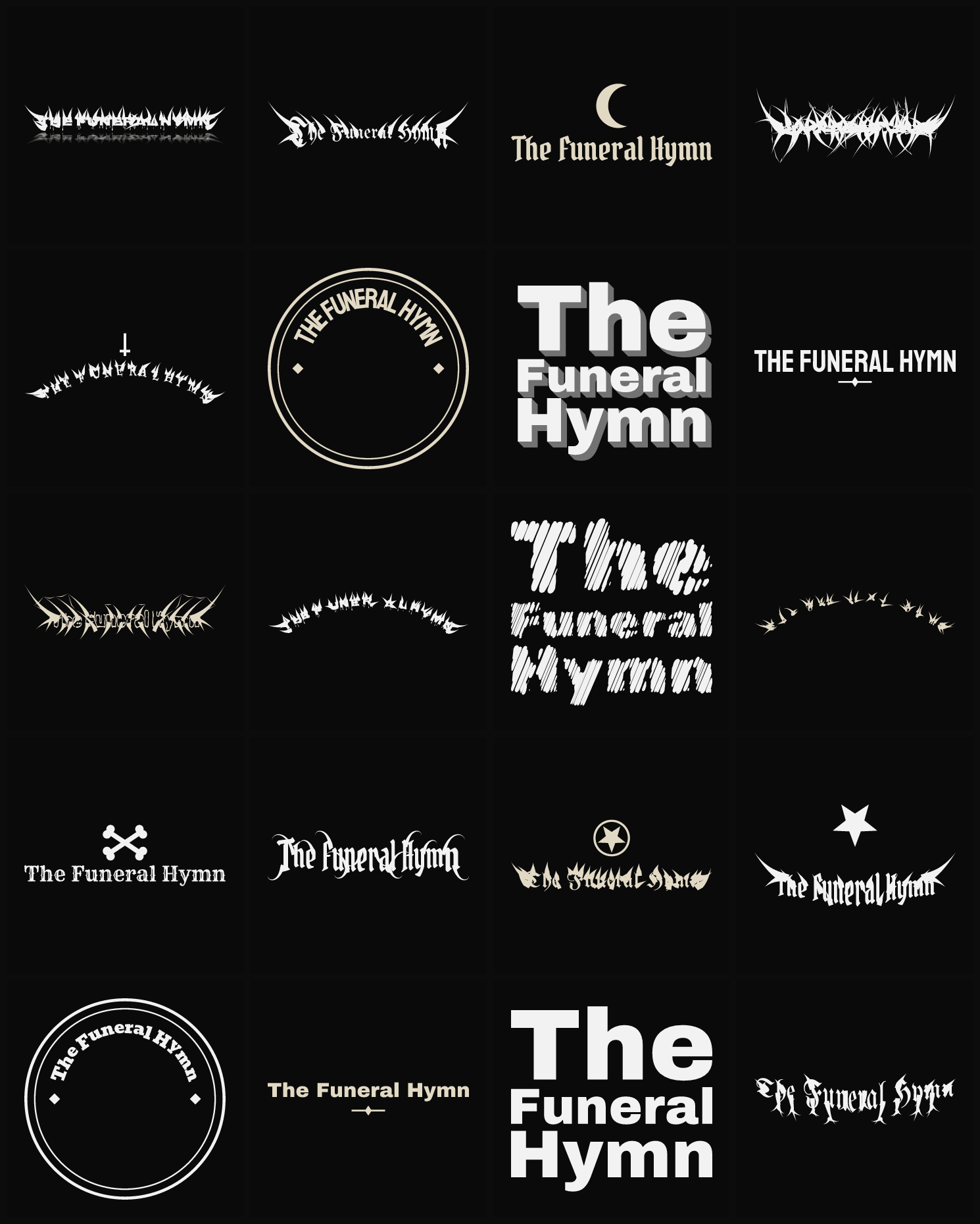 Twenty The Funeral Hymn band logo ideas — different faces, treatments and spike settings