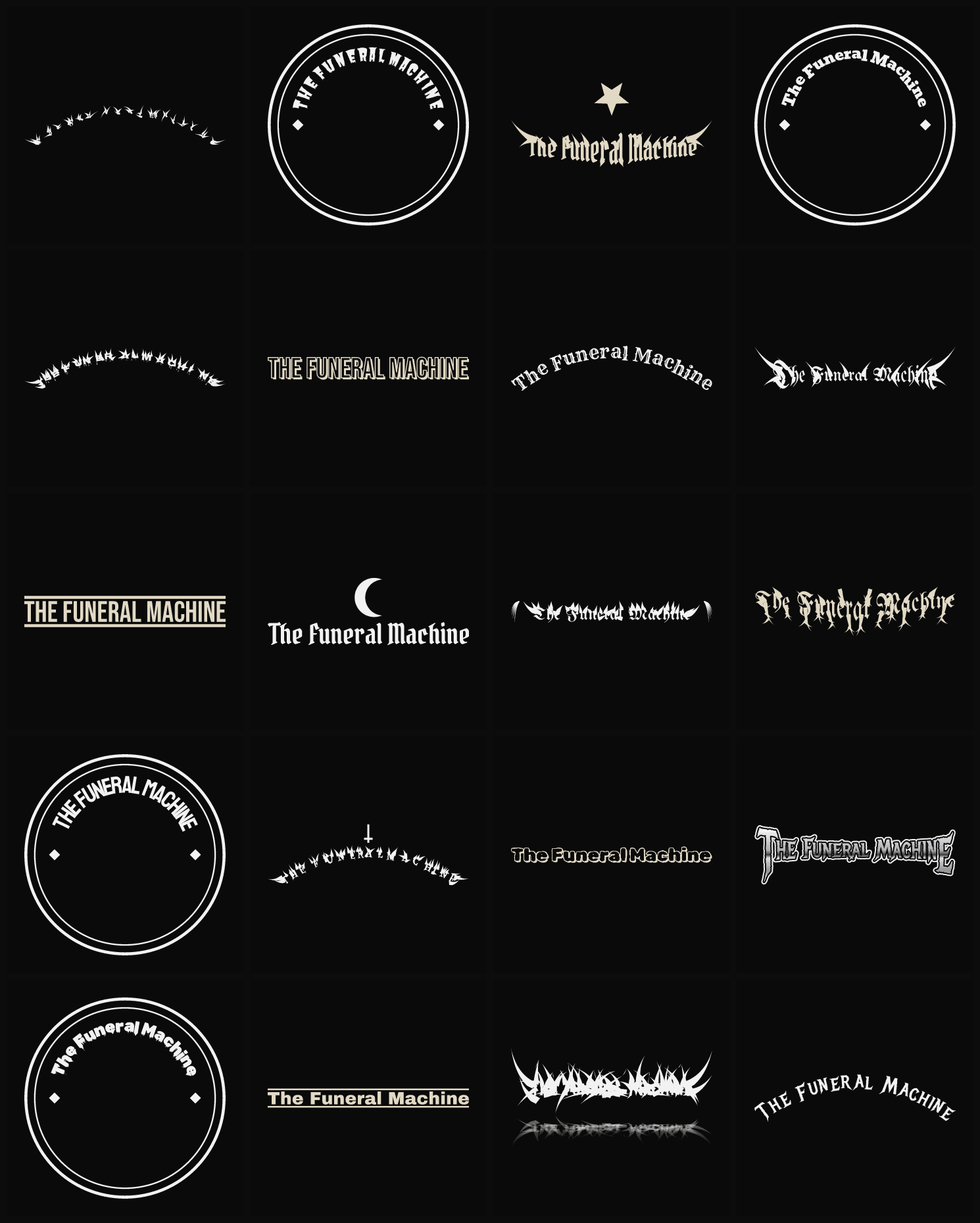 Twenty The Funeral Machine band logo ideas — different faces, treatments and spike settings