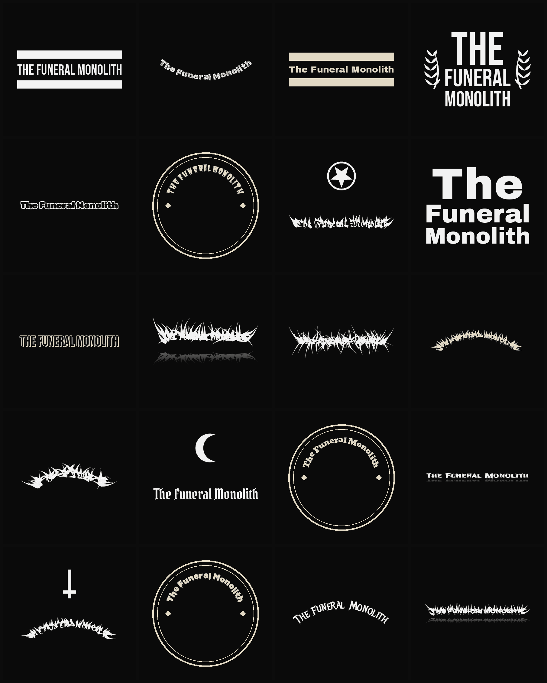 Twenty The Funeral Monolith band logo ideas — different faces, treatments and spike settings