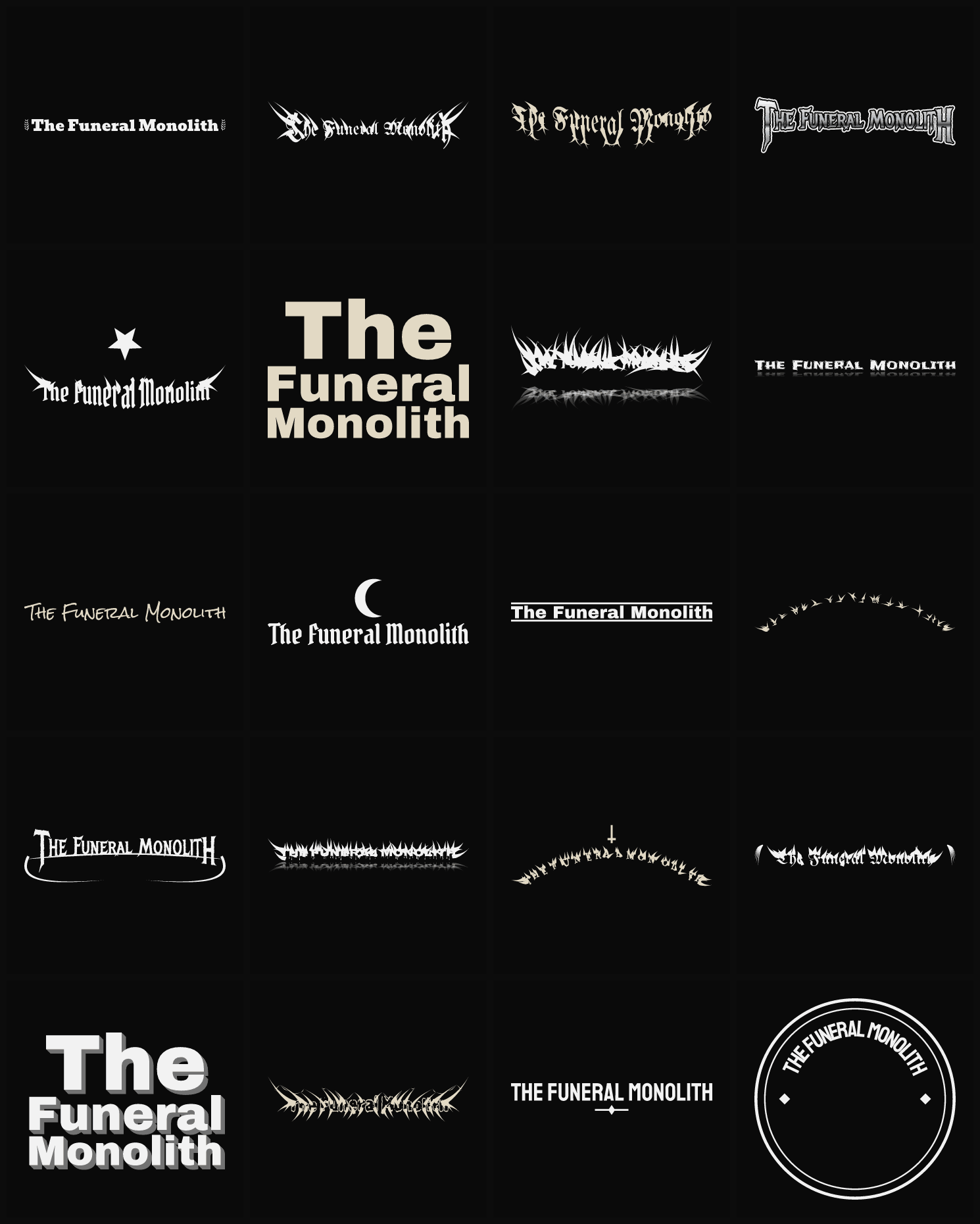 Twenty The Funeral Monolith band logo ideas — different faces, treatments and spike settings
