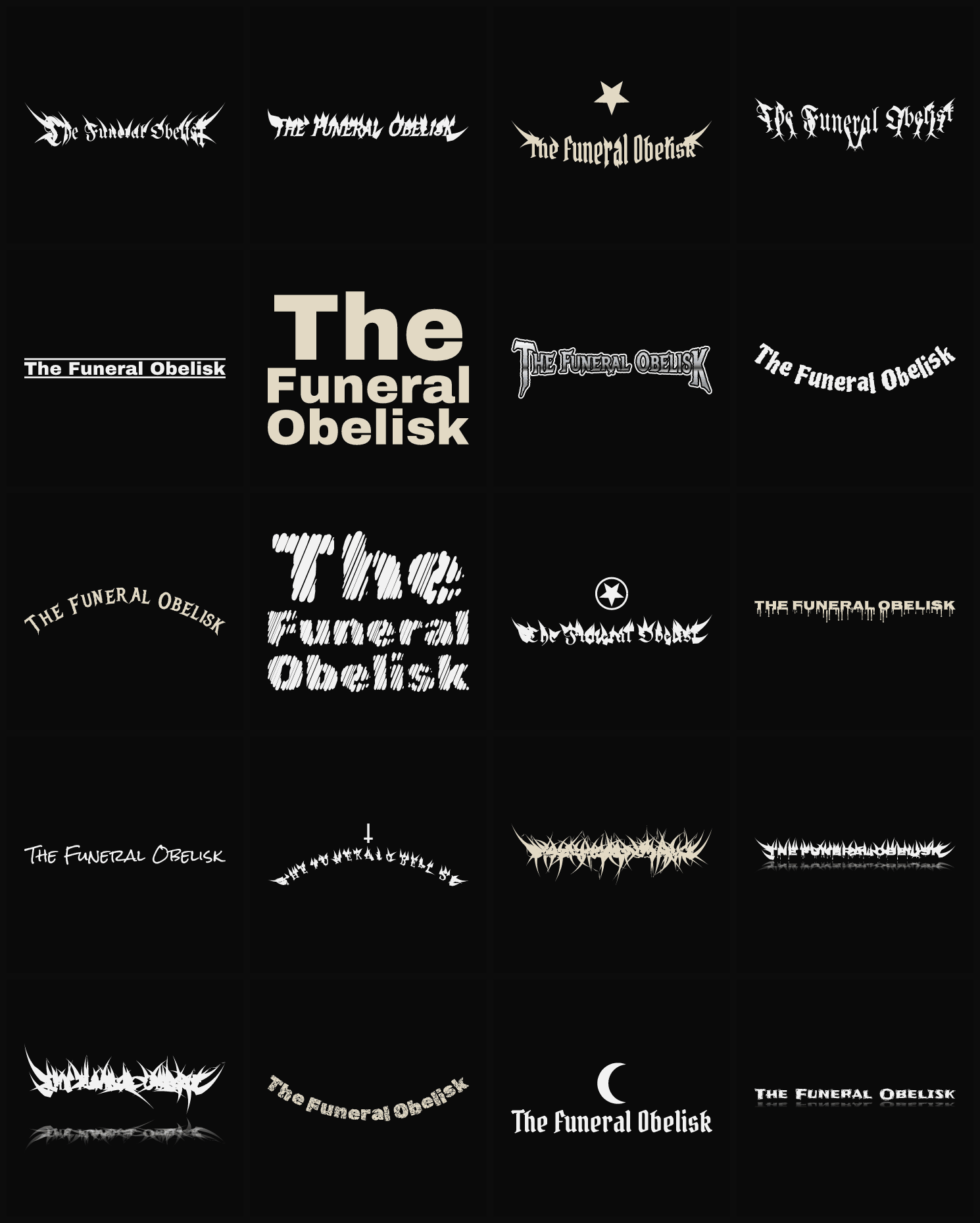 Twenty The Funeral Obelisk band logo ideas — different faces, treatments and spike settings