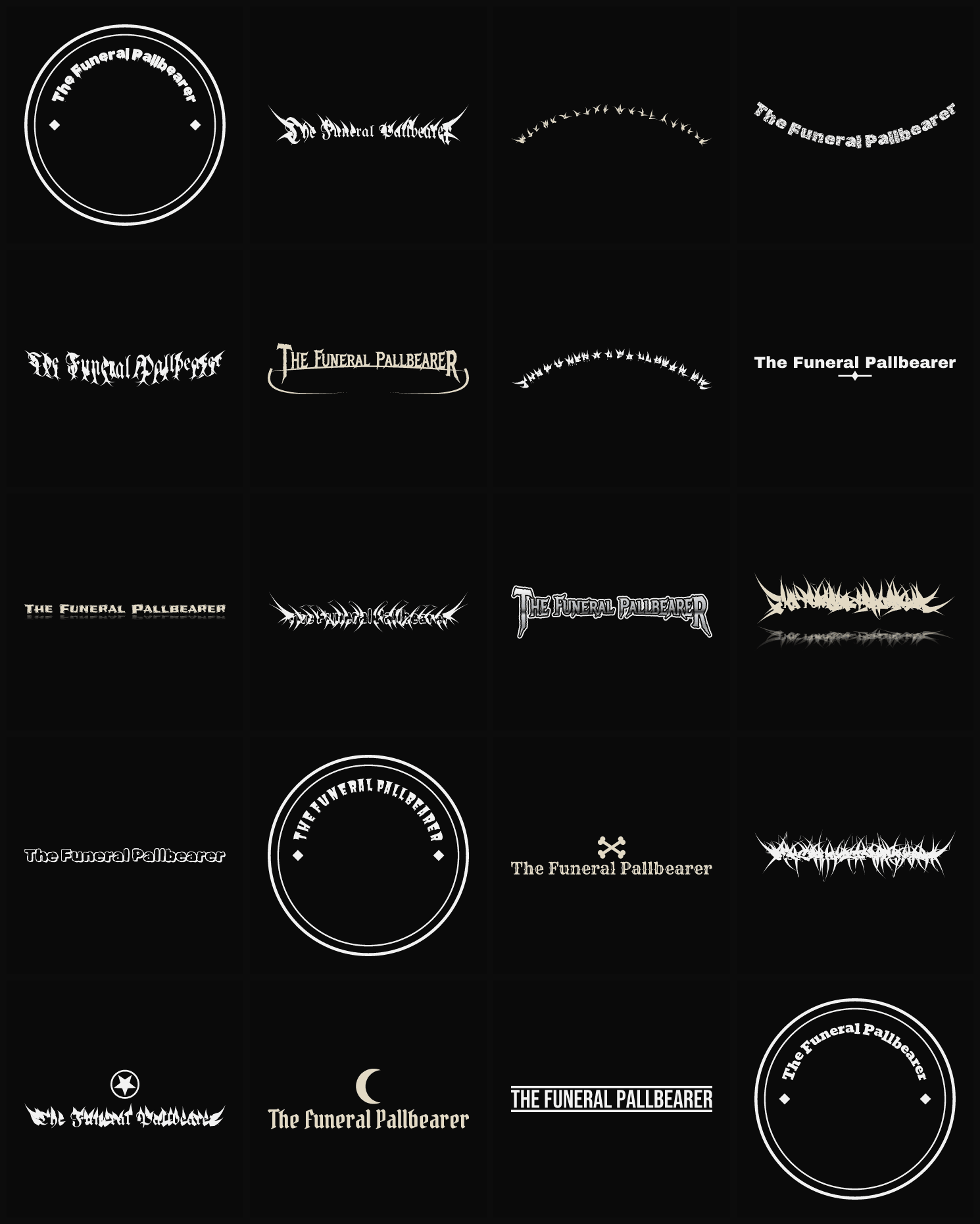 Twenty The Funeral Pallbearer band logo ideas — different faces, treatments and spike settings