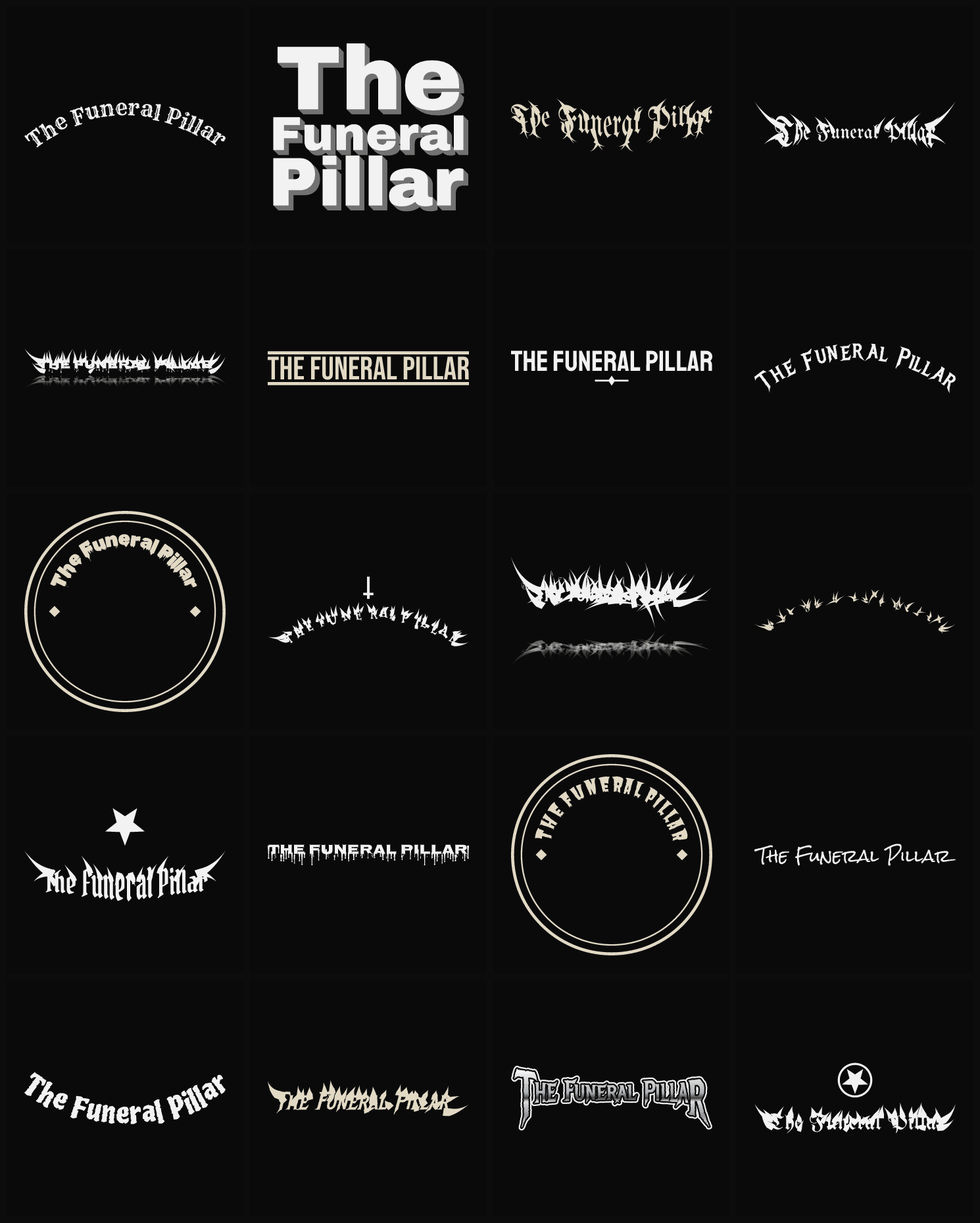 Twenty The Funeral Pillar band logo ideas — different faces, treatments and spike settings